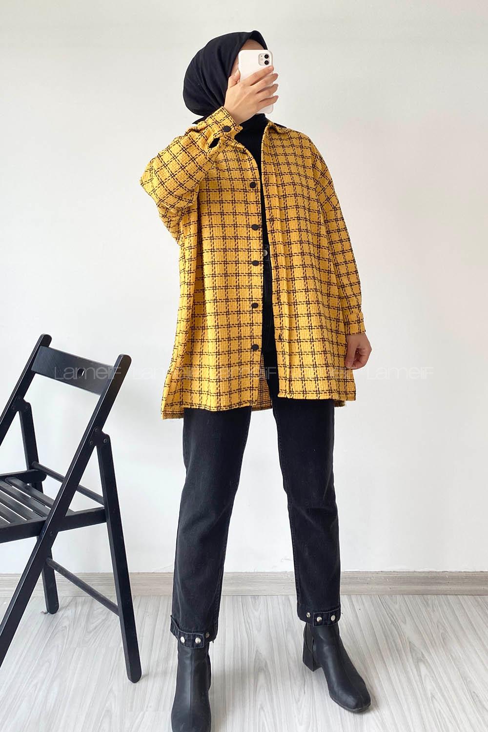 Modalamelif Önü Boydan Düğmeli Kareli Şanel Gömlek Hardal