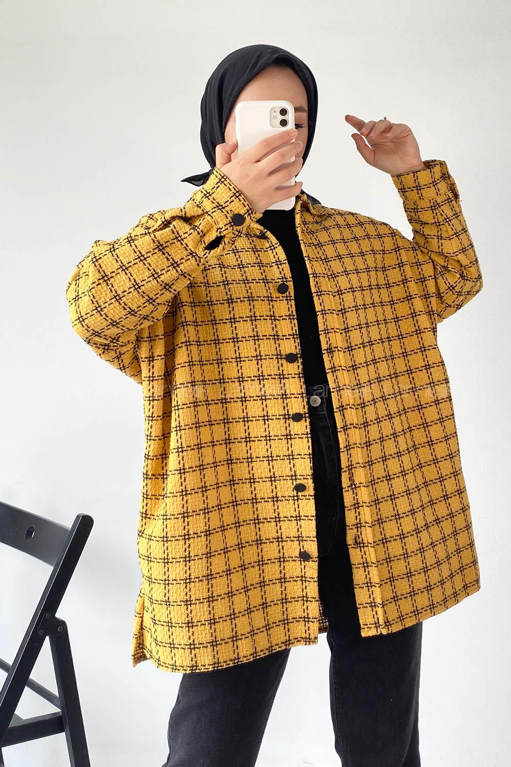 Modalamelif Önü Boydan Düğmeli Kareli Şanel Gömlek Hardal