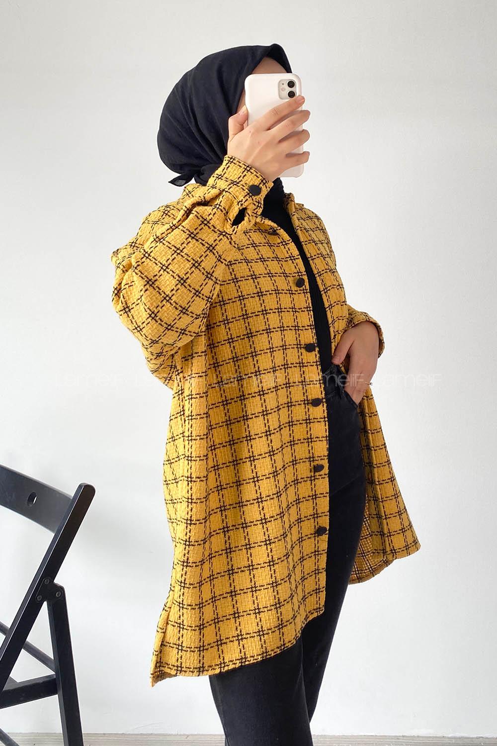 Modalamelif Önü Boydan Düğmeli Kareli Şanel Gömlek Hardal