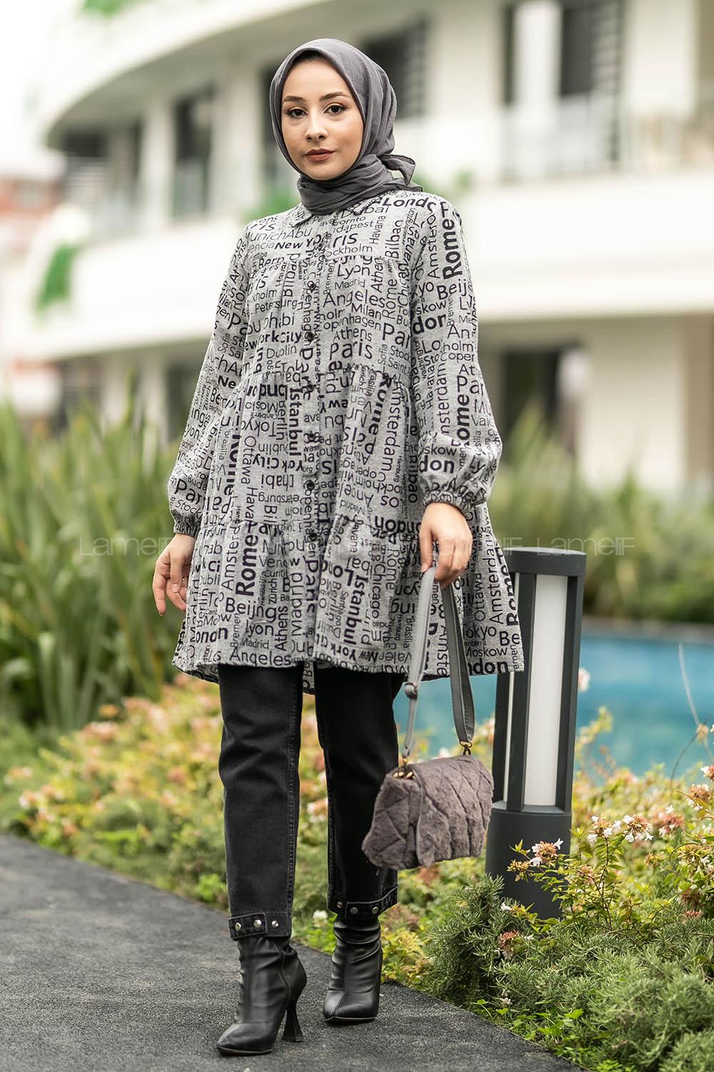 Modalamelif Önü Boydan Düğmeli Yazı Baskılı Fırfırlı Tunik Gri