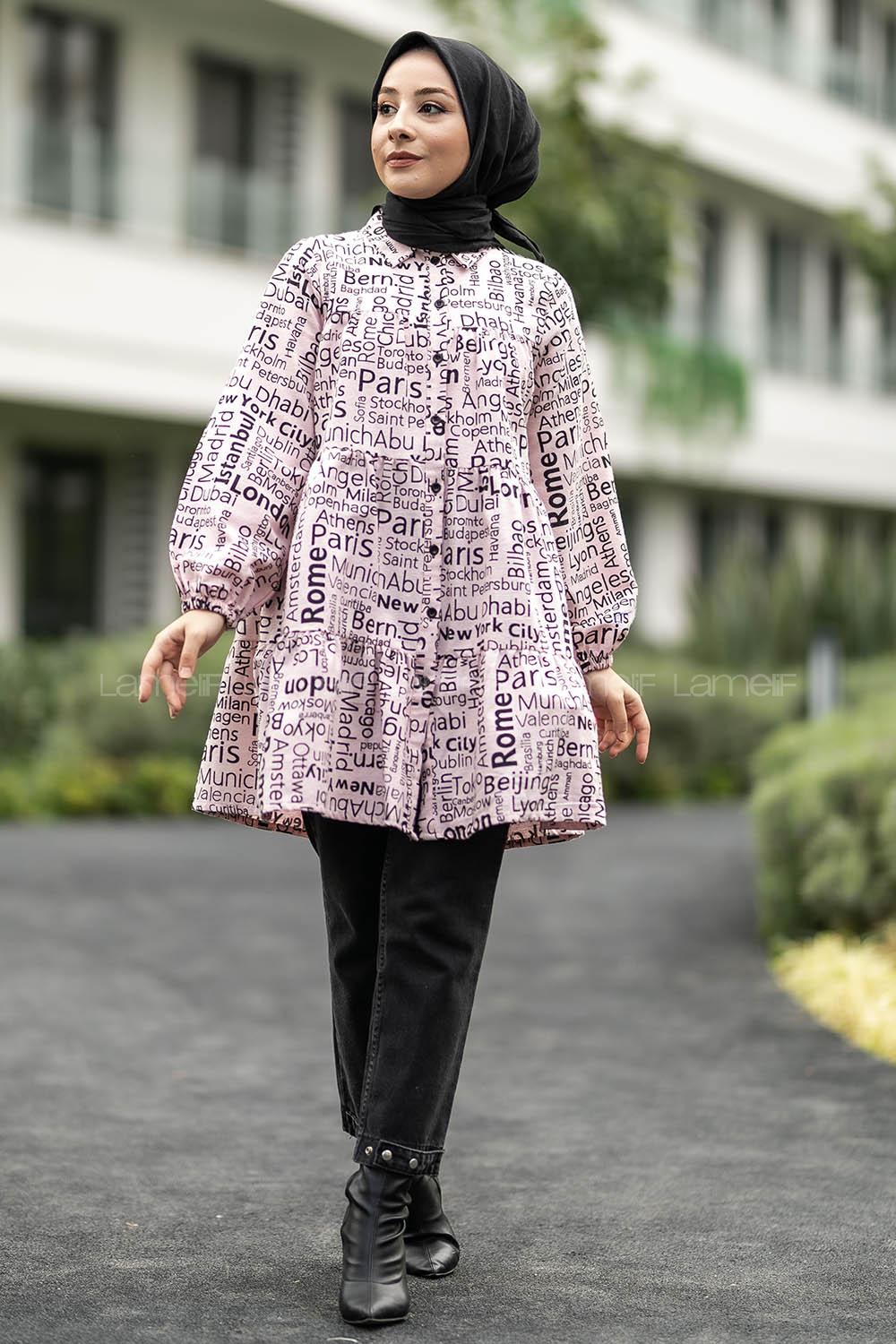 Modalamelif Önü Boydan Düğmeli Yazı Baskılı Fırfırlı Tunik Pudra