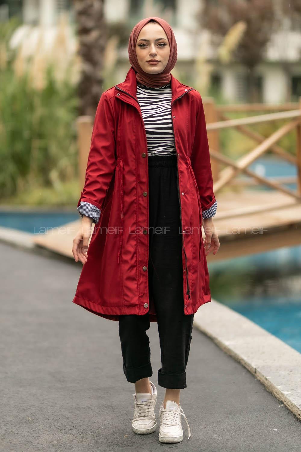 Modalamelif Önü Çıtçıt Düğmeli Beli Lastili Detaylı Çift Cepli Mont Bordo