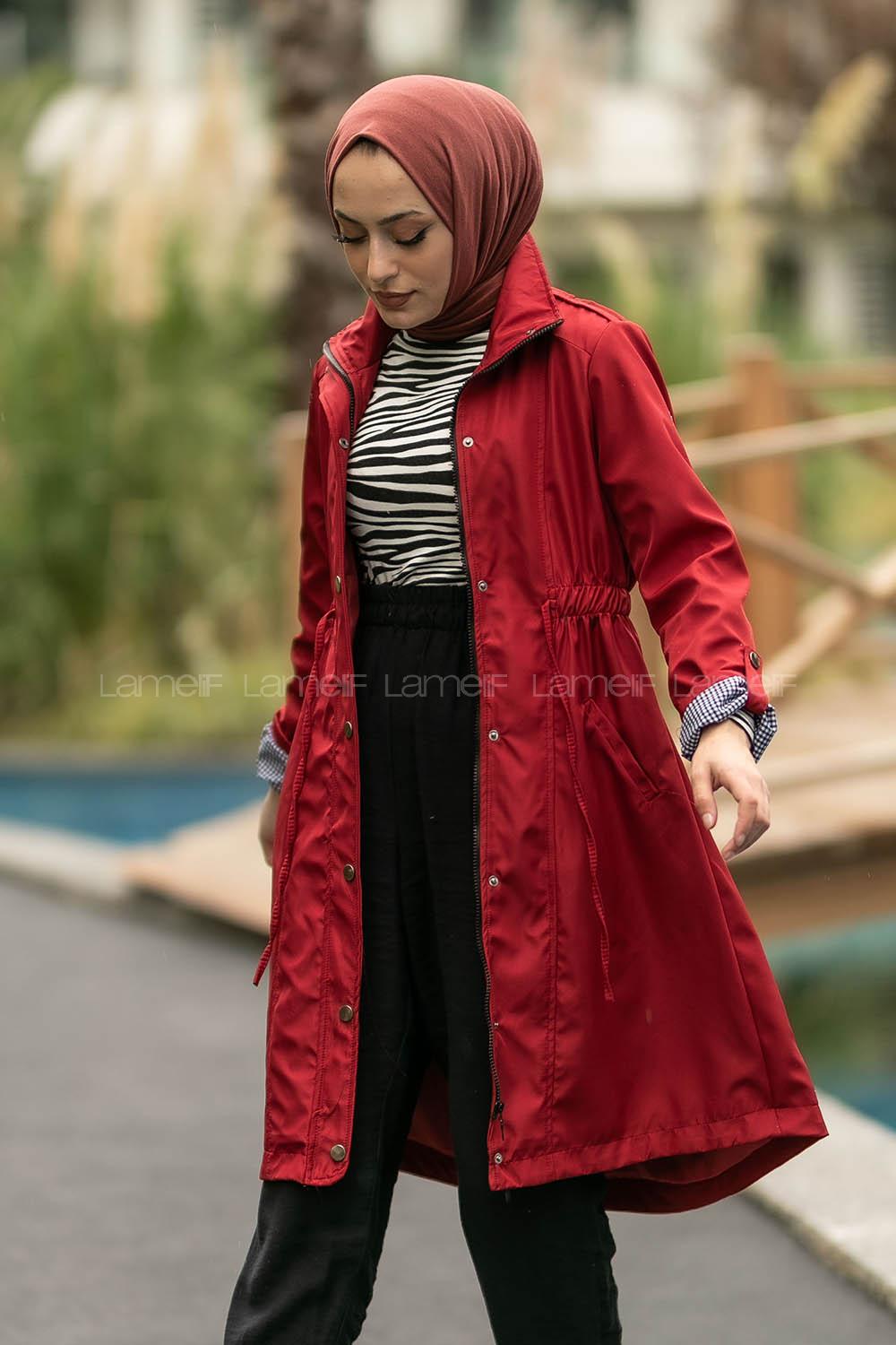 Modalamelif Önü Çıtçıt Düğmeli Beli Lastili Detaylı Çift Cepli Mont Bordo