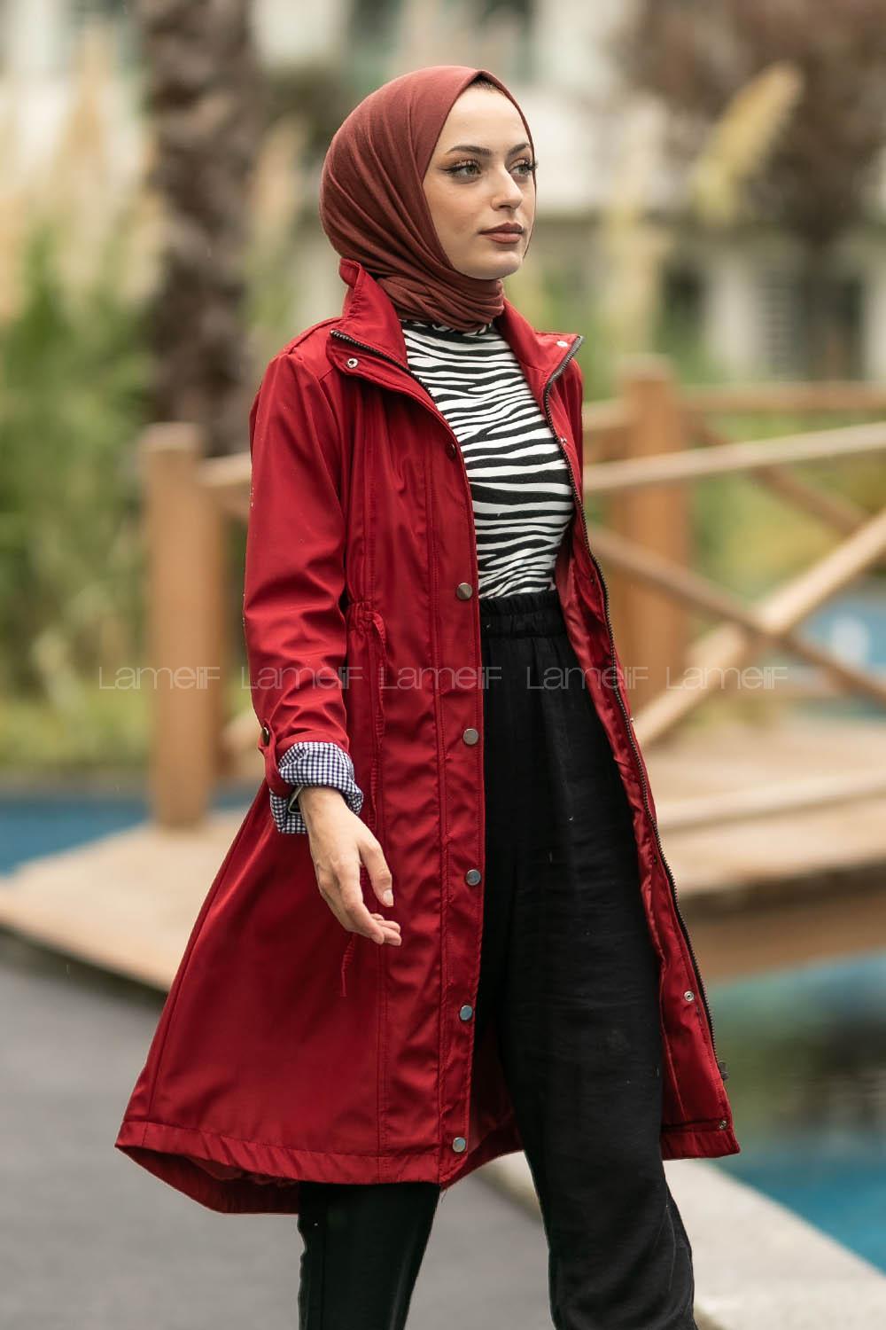 Modalamelif Önü Çıtçıt Düğmeli Beli Lastili Detaylı Çift Cepli Mont Bordo