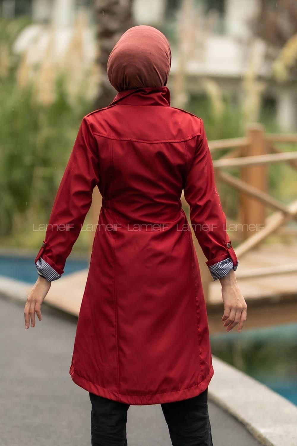 Modalamelif Önü Çıtçıt Düğmeli Beli Lastili Detaylı Çift Cepli Mont Bordo