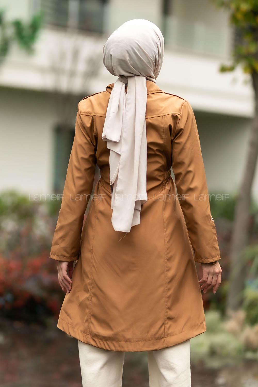 Modalamelif Önü Çıtçıt Düğmeli Beli Lastili Detaylı Çift Cepli Mont Camel