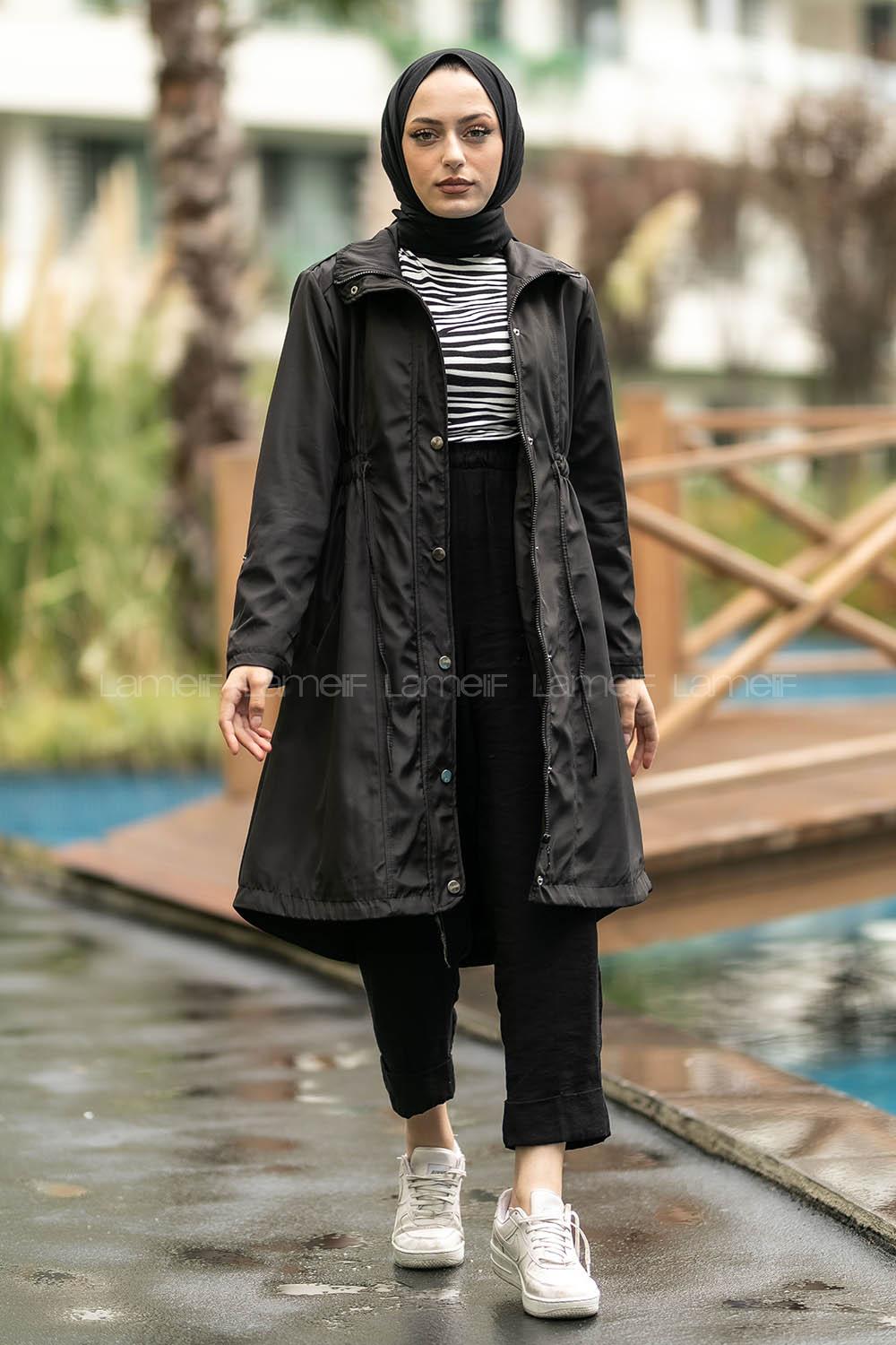 Modalamelif Önü Çıtçıt Düğmeli Beli Lastili Detaylı Çift Cepli Mont Siyah