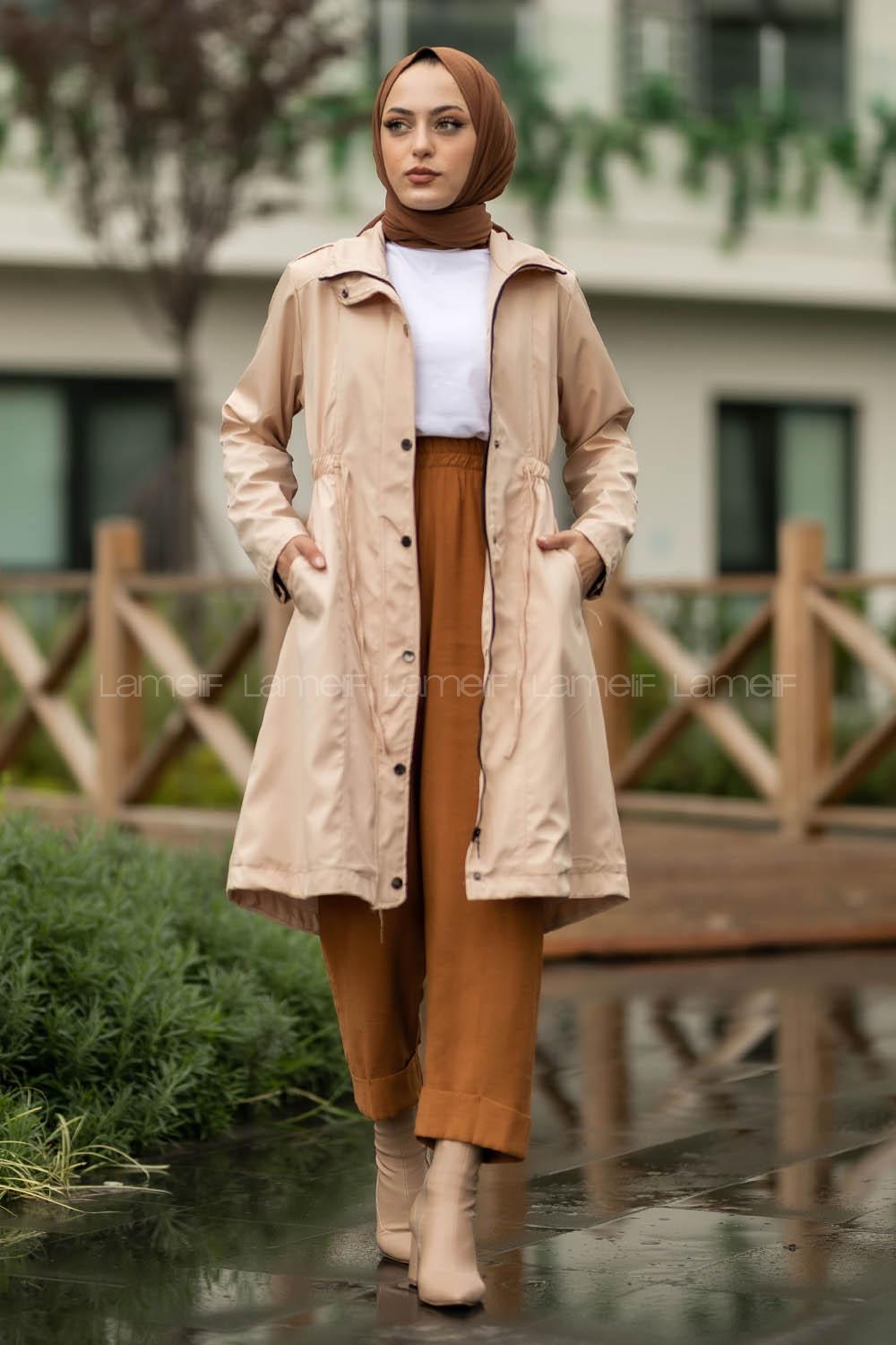 Modalamelif Önü Çıtçıt Düğmeli Beli Lastili Detaylı Çift Cepli Mont Taşrengi