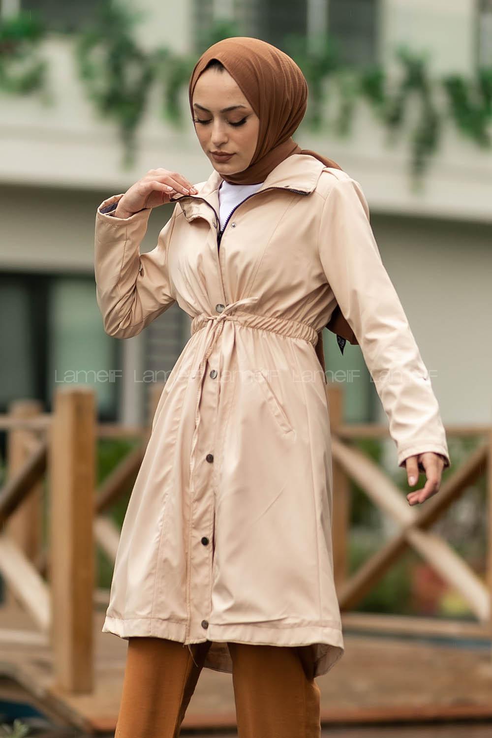 Modalamelif Önü Çıtçıt Düğmeli Beli Lastili Detaylı Çift Cepli Mont Taşrengi