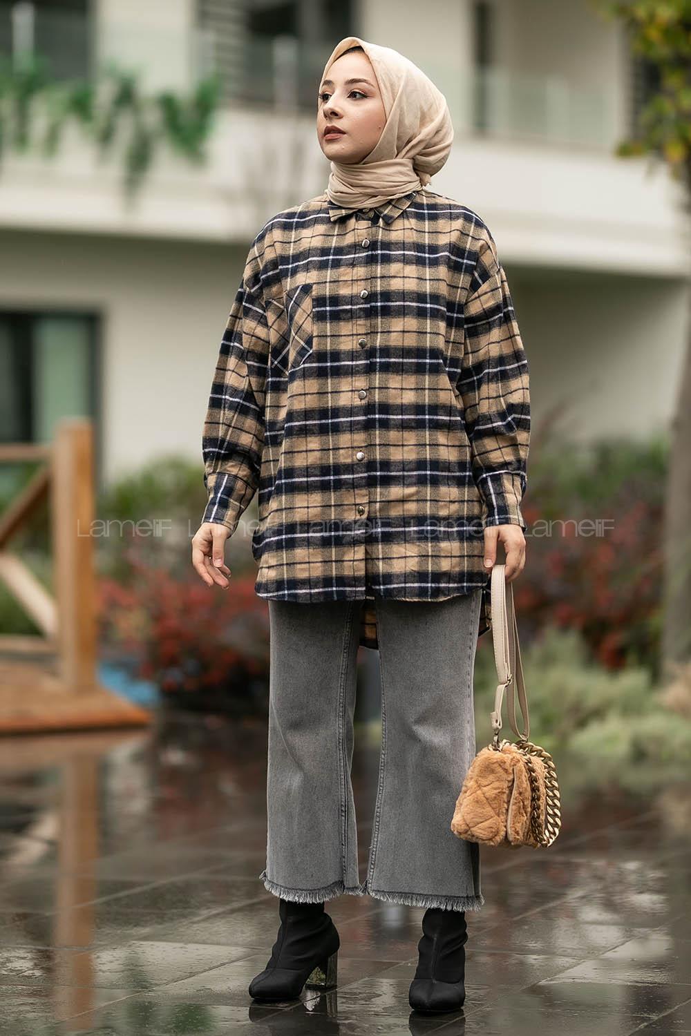 Modalamelif  Önü Düğme Detaylı Tek Cepli Ekose Gömlek Bej