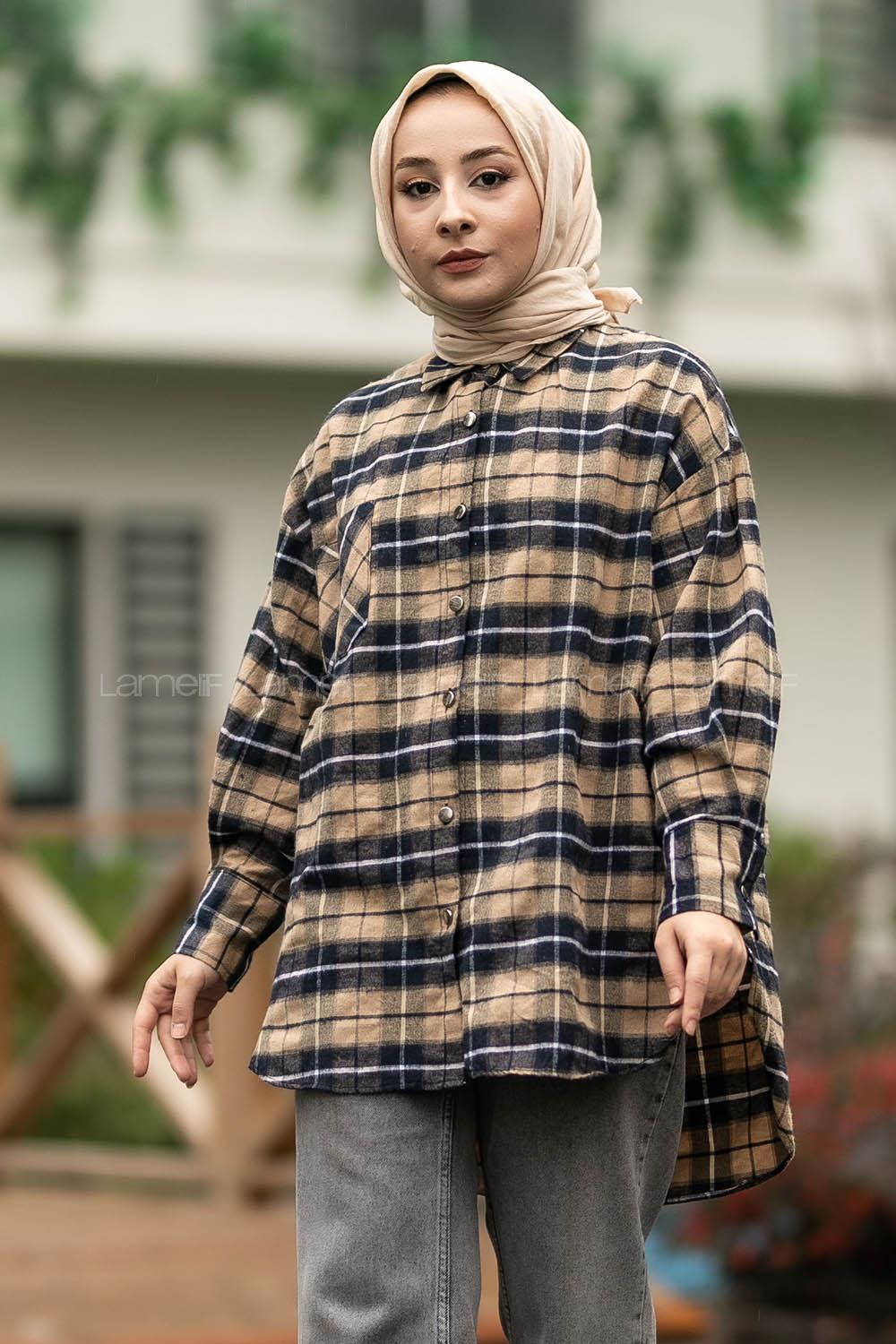 Modalamelif  Önü Düğme Detaylı Tek Cepli Ekose Gömlek Bej