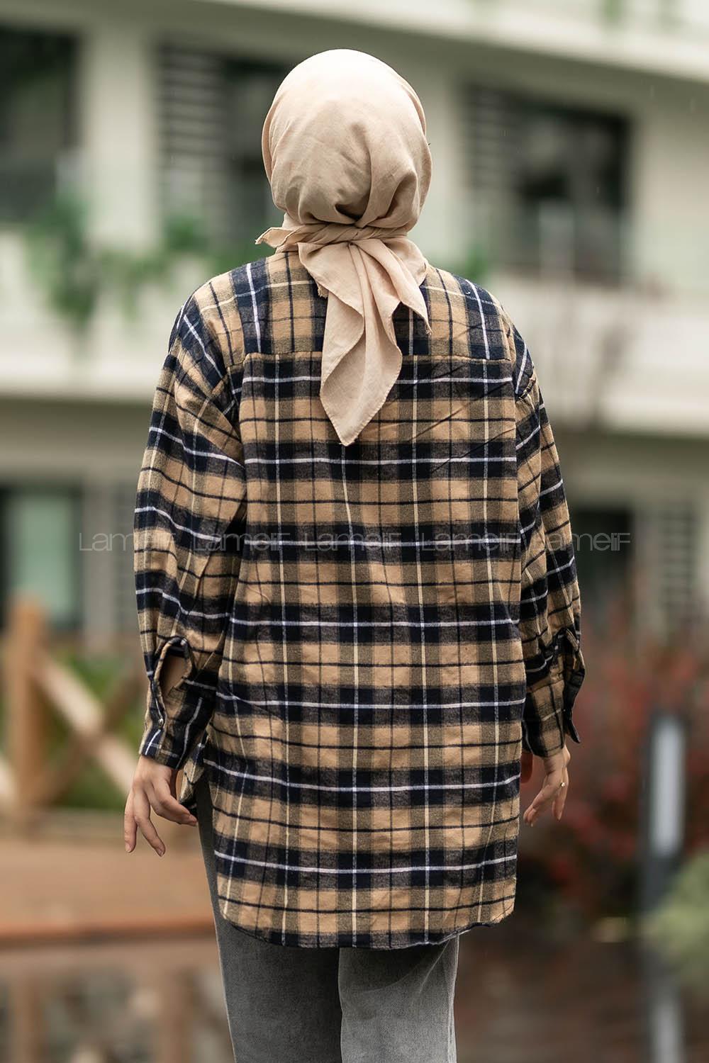 Modalamelif  Önü Düğme Detaylı Tek Cepli Ekose Gömlek Bej