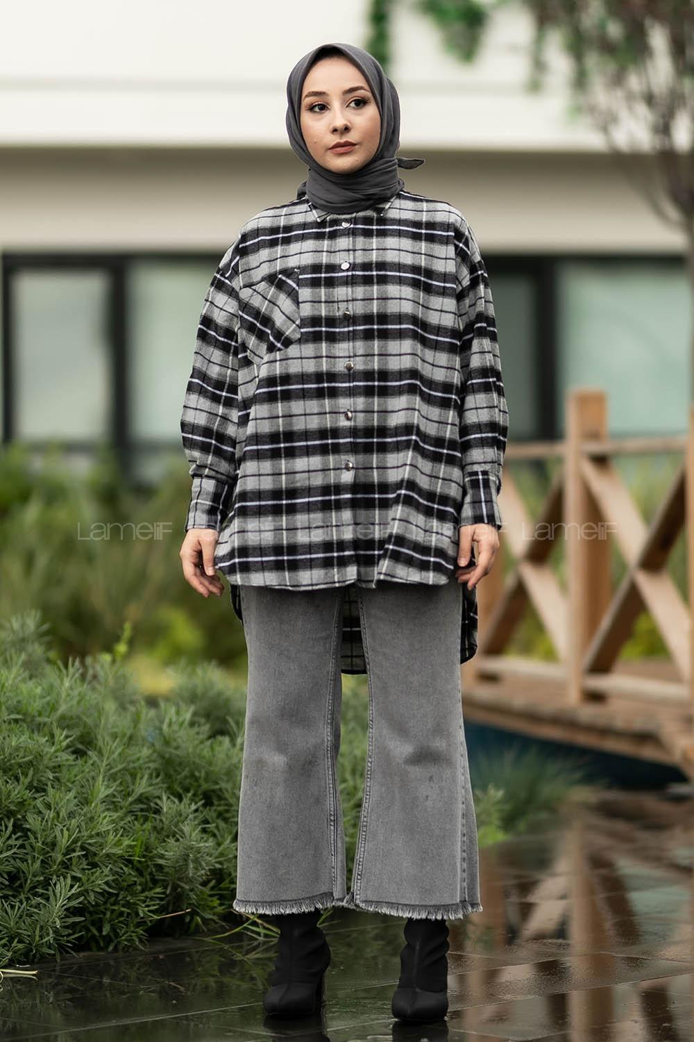 Modalamelif  Önü Düğme Detaylı Tek Cepli Ekose Gömlek Gri