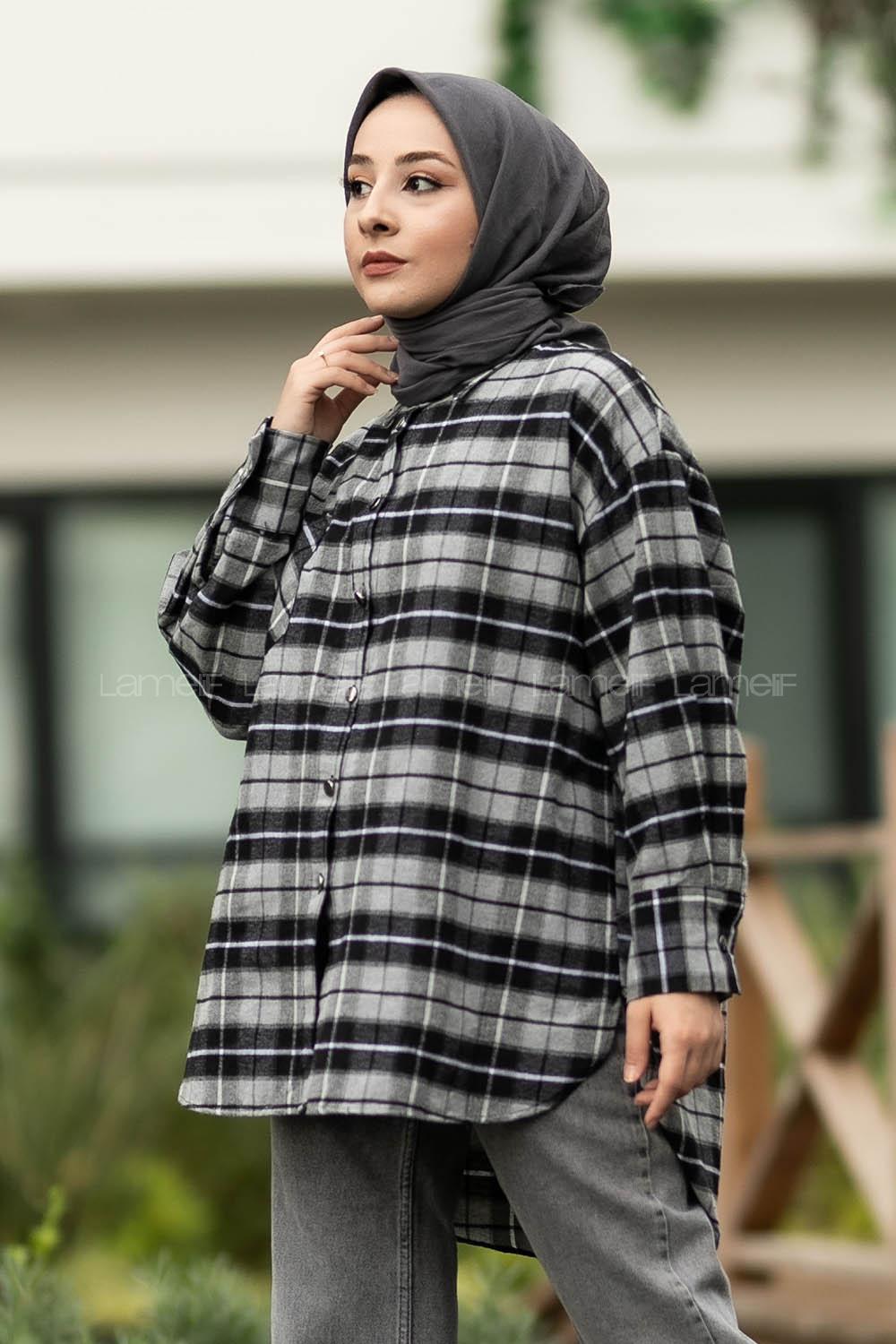 Modalamelif  Önü Düğme Detaylı Tek Cepli Ekose Gömlek Gri