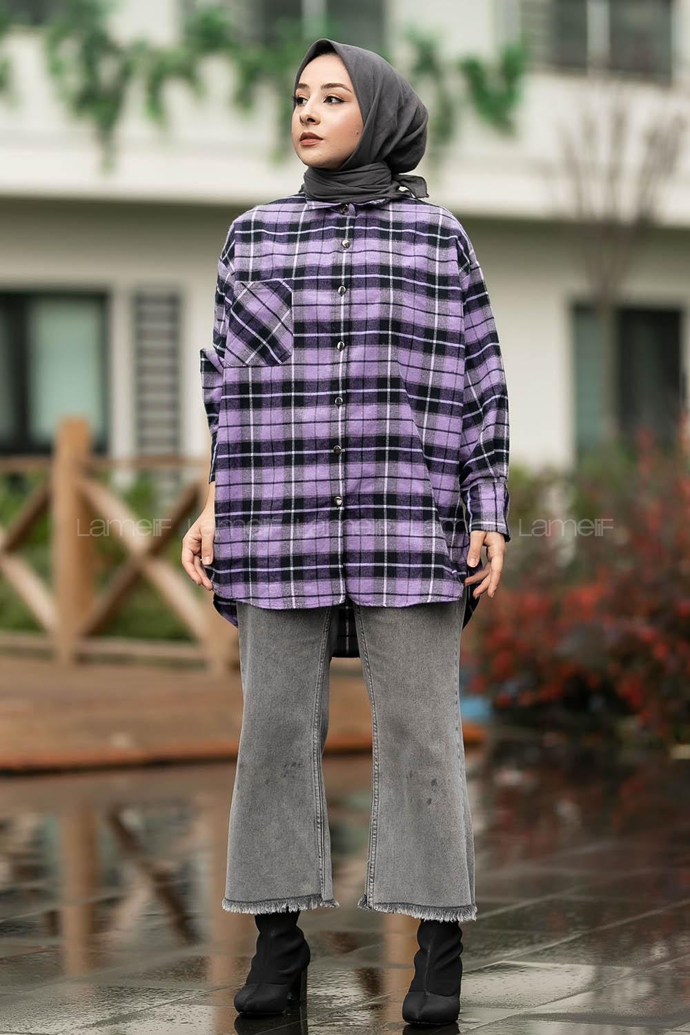 Modalamelif  Önü Düğme Detaylı Tek Cepli Ekose Gömlek Mor