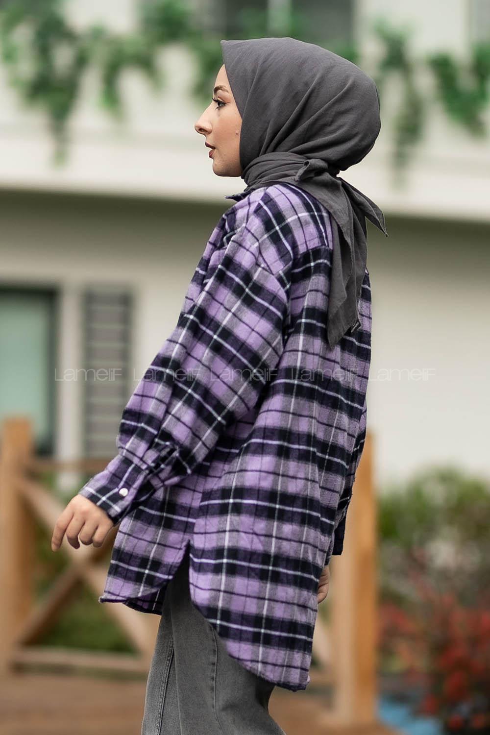 Modalamelif  Önü Düğme Detaylı Tek Cepli Ekose Gömlek Mor