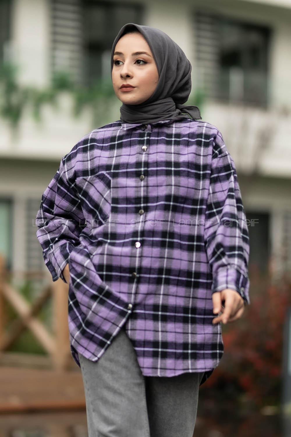 Modalamelif  Önü Düğme Detaylı Tek Cepli Ekose Gömlek Mor