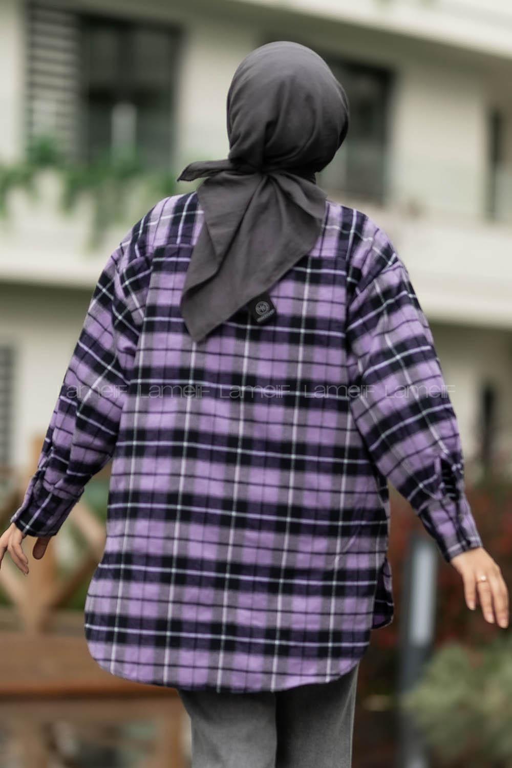 Modalamelif  Önü Düğme Detaylı Tek Cepli Ekose Gömlek Mor