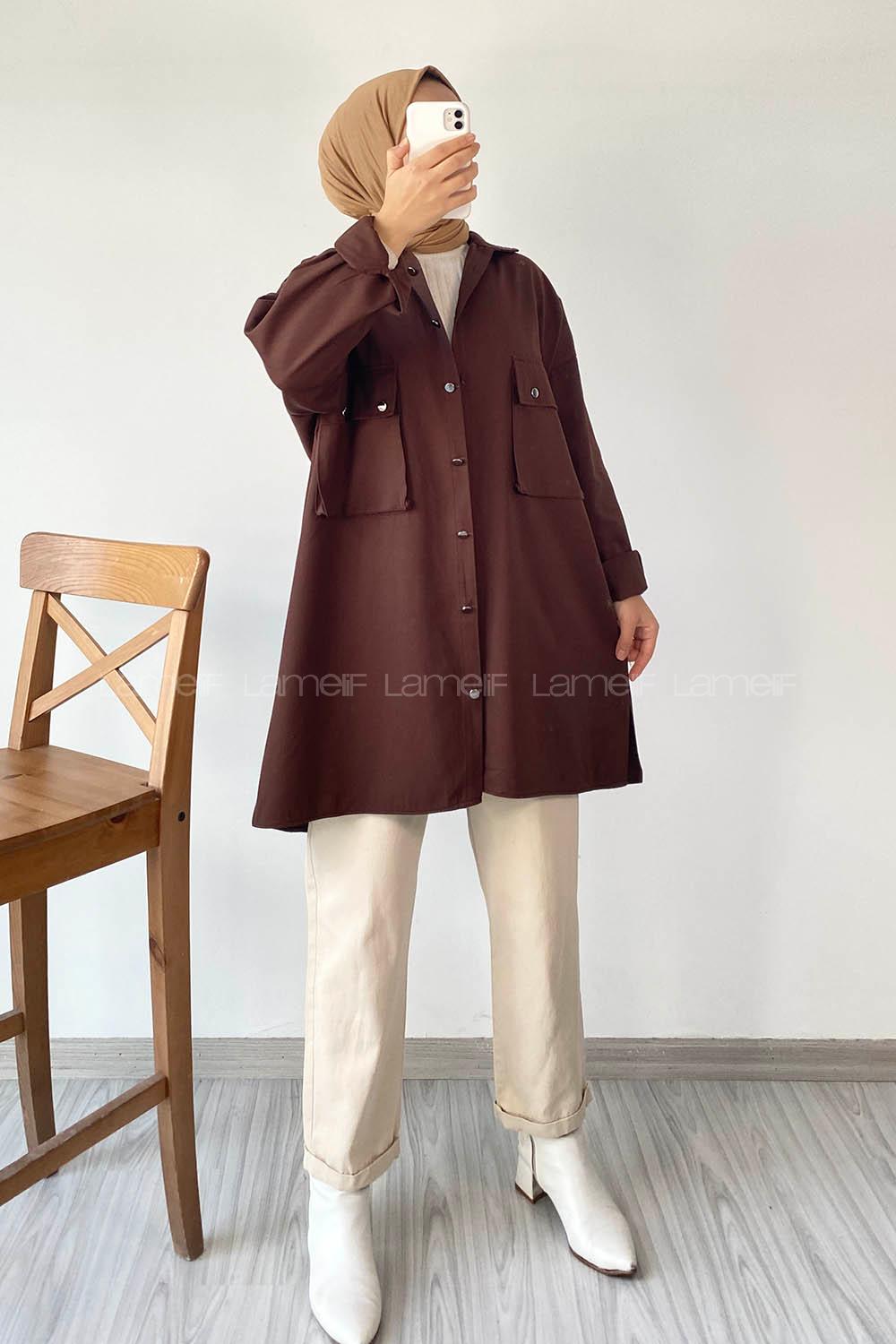 Modalamelif Önü Düğmeli Kapak Cepli Gabardin Gömlek Acı Kahve