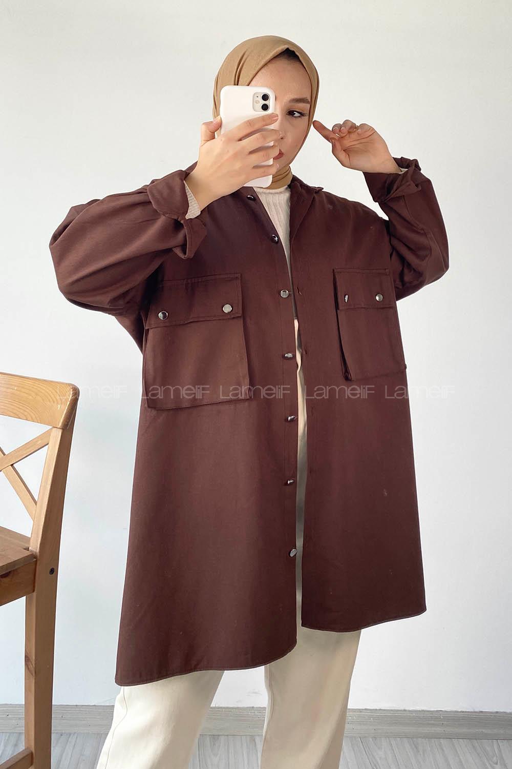 Modalamelif Önü Düğmeli Kapak Cepli Gabardin Gömlek Acı Kahve