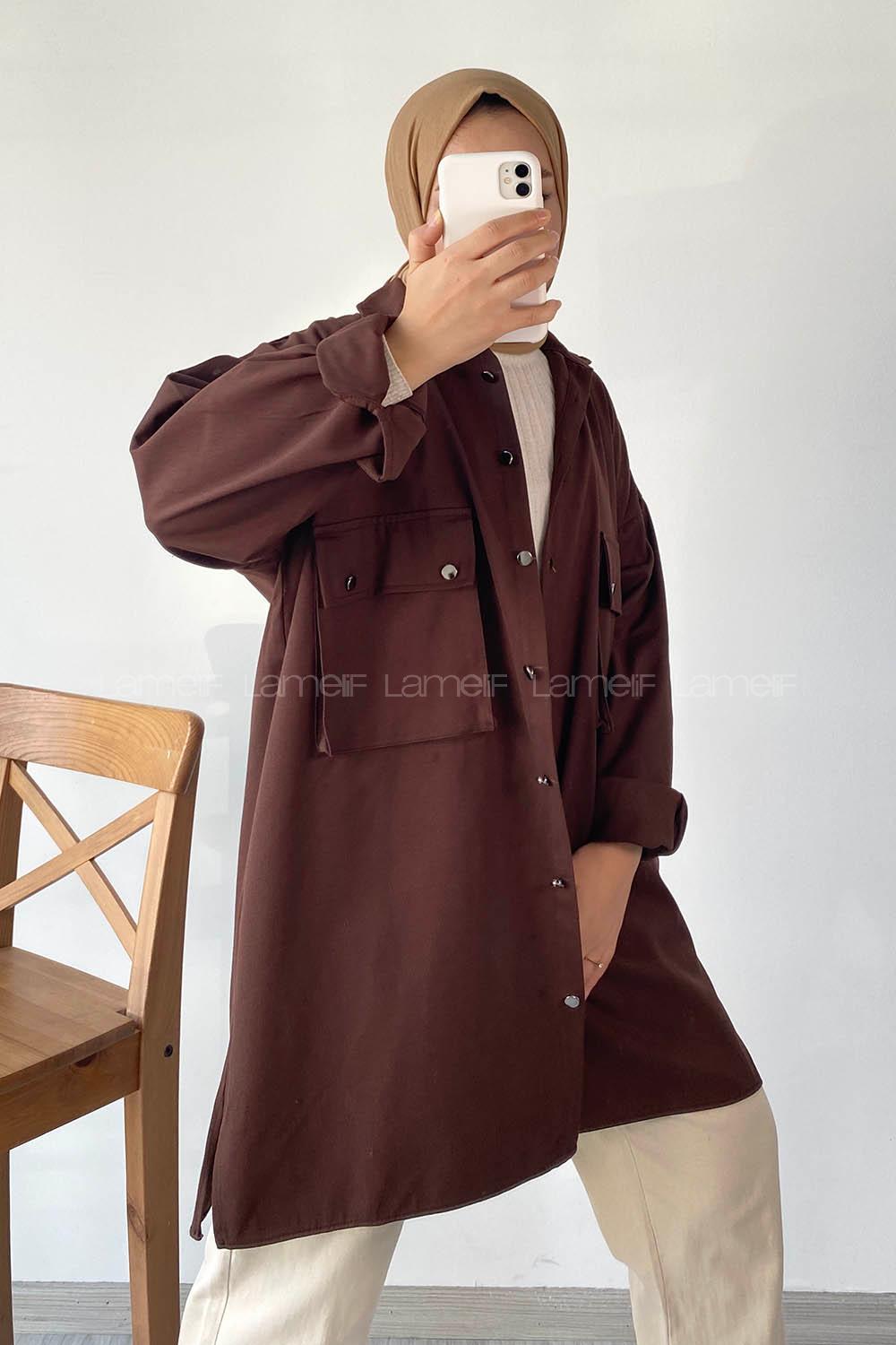 Modalamelif Önü Düğmeli Kapak Cepli Gabardin Gömlek Acı Kahve
