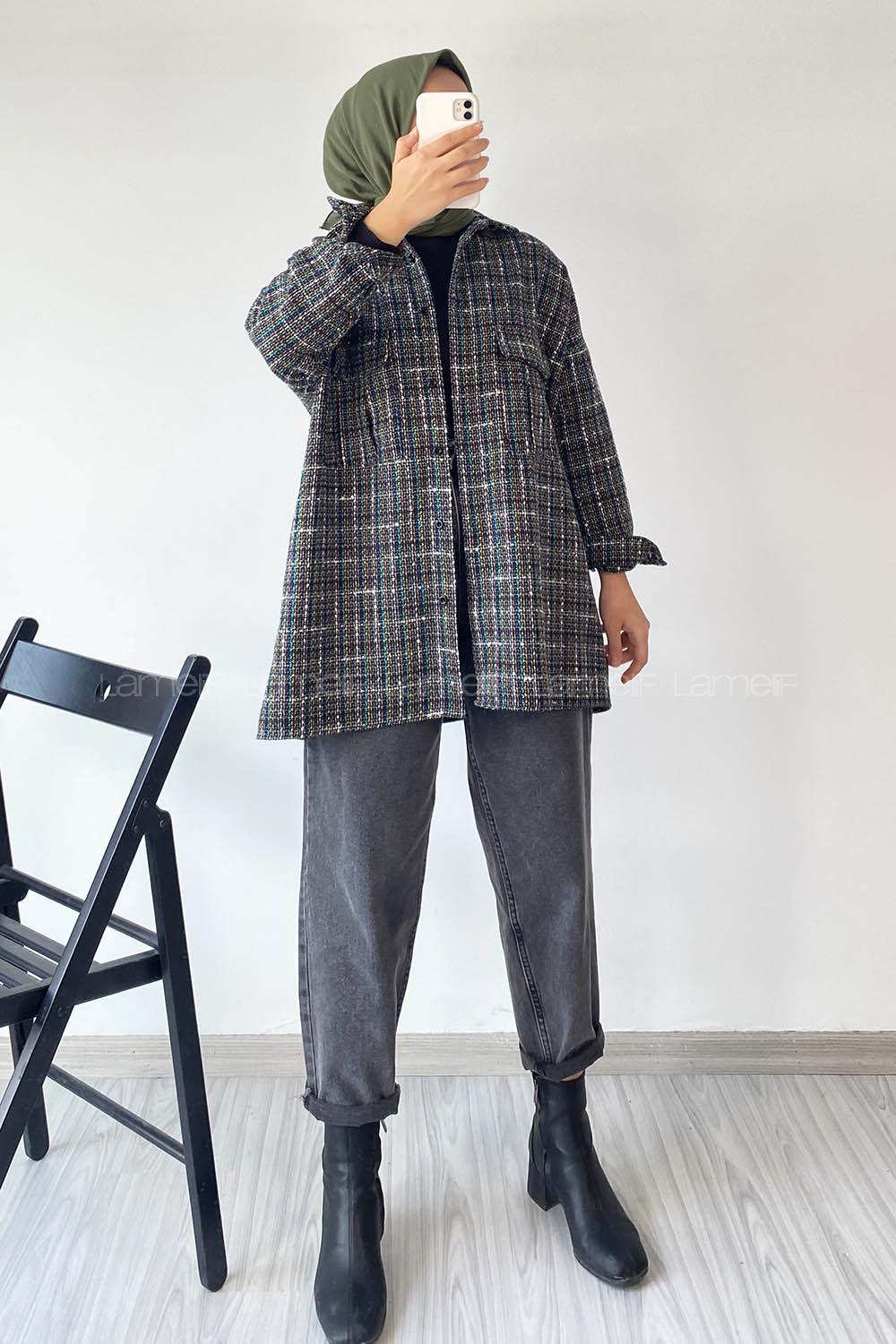 Modalamelif Önü Düğmeli Kilim Desen Gömlek Siyah-Mavi