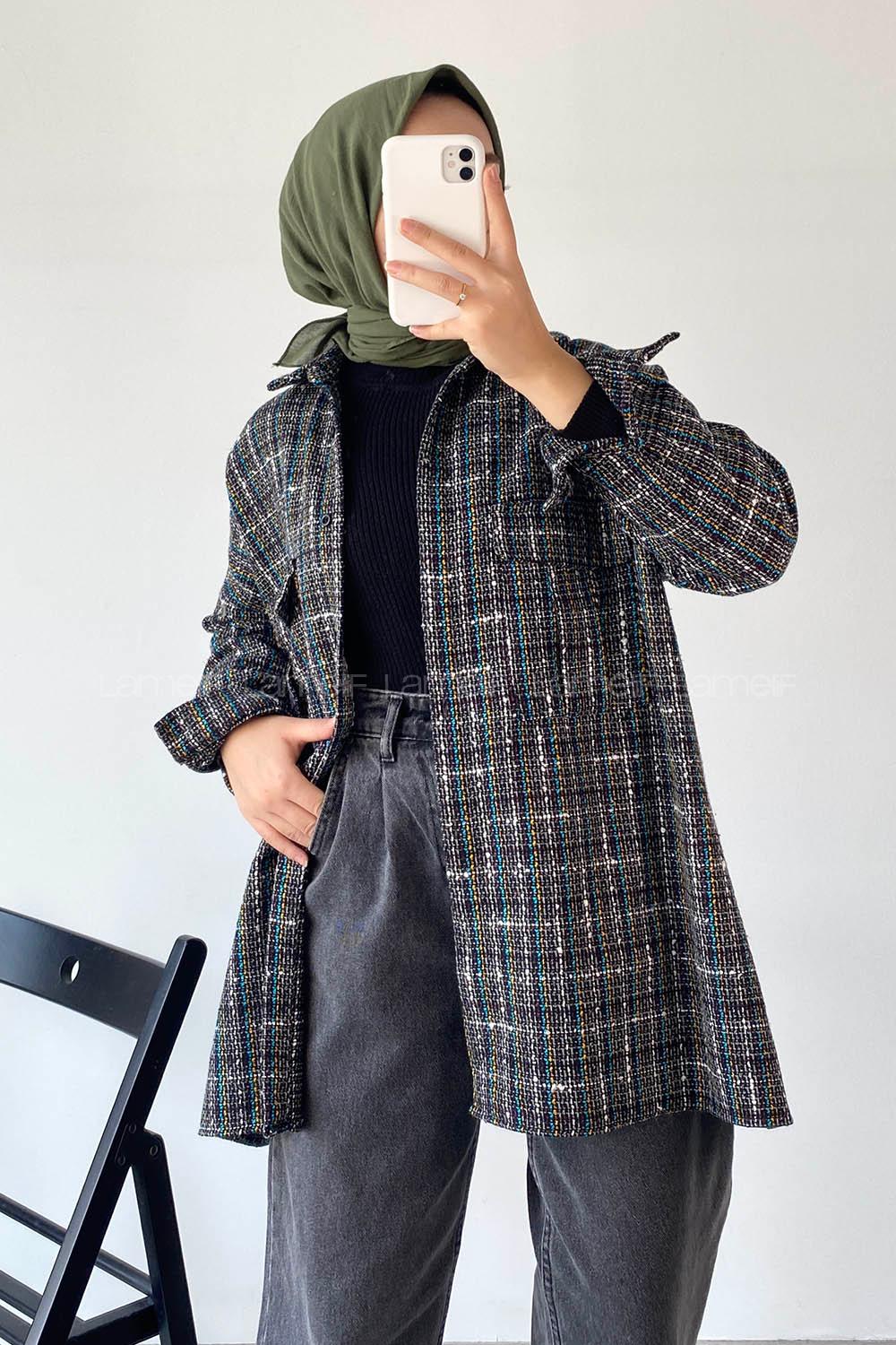 Modalamelif Önü Düğmeli Kilim Desen Gömlek Siyah-Mavi