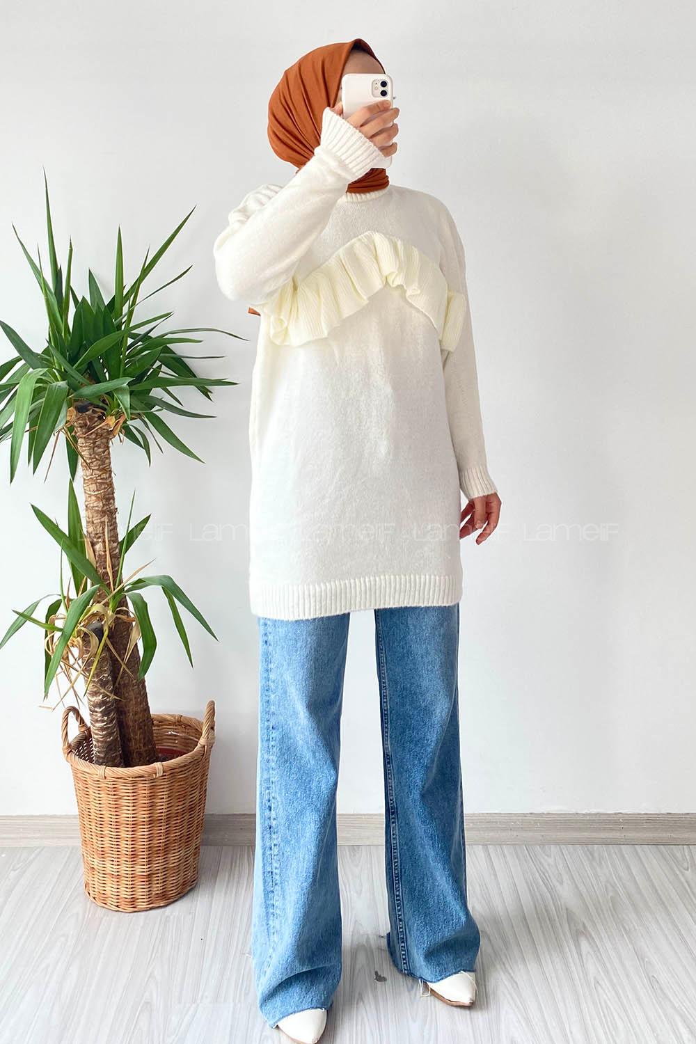 Modalamelif Önü Fırfır Detaylı Yumoş Triko Tunik Ekru