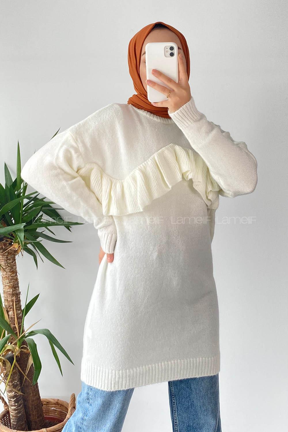 Modalamelif Önü Fırfır Detaylı Yumoş Triko Tunik Ekru