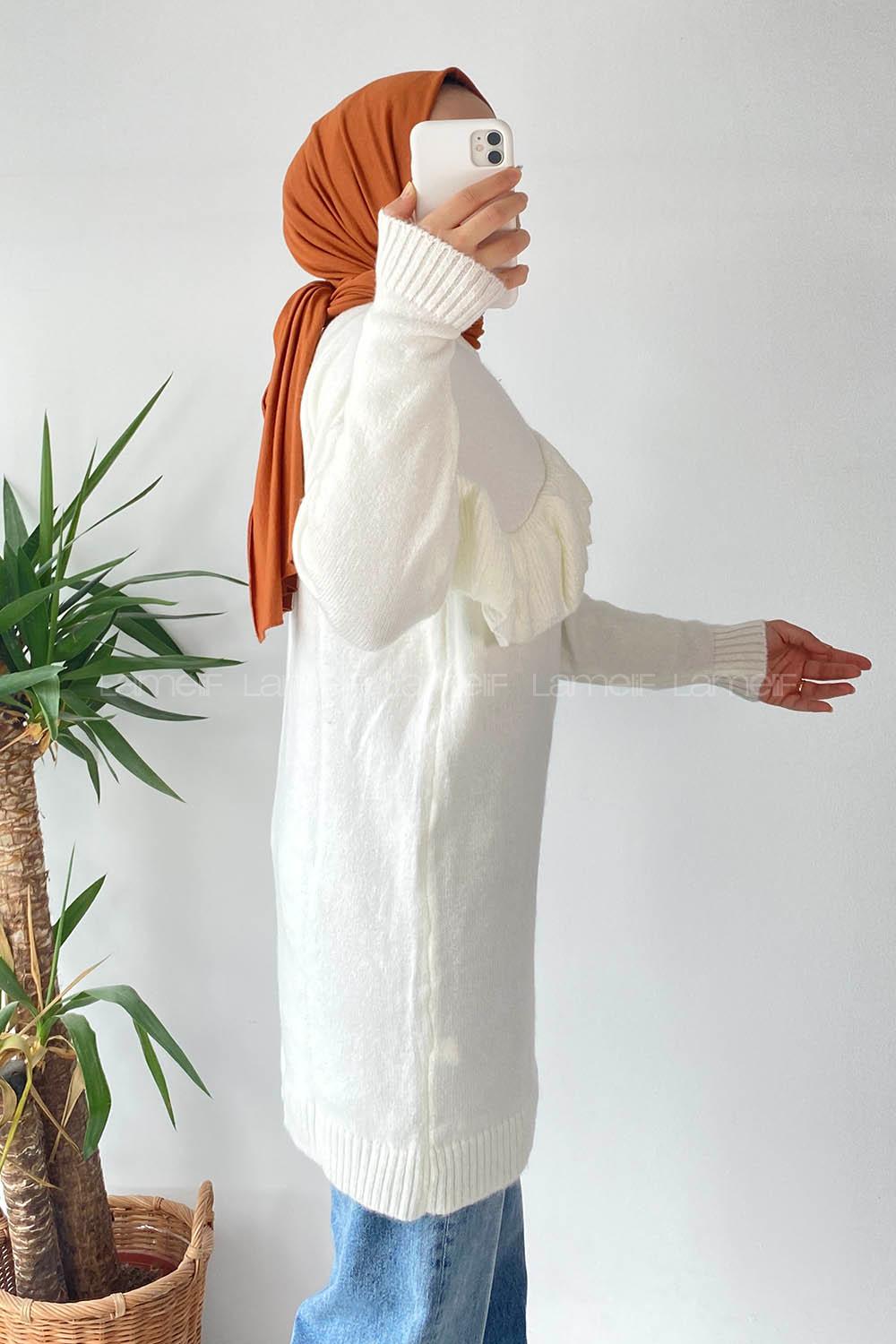 Modalamelif Önü Fırfır Detaylı Yumoş Triko Tunik Ekru