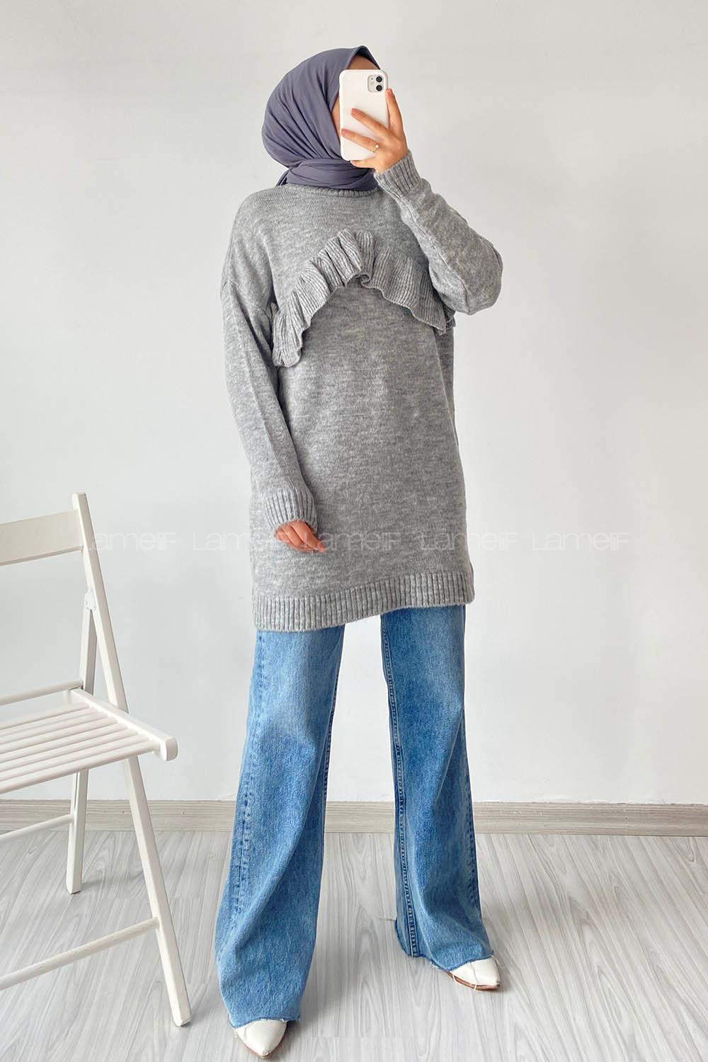 Modalamelif Önü Fırfır Detaylı Yumoş Triko Tunik Gri