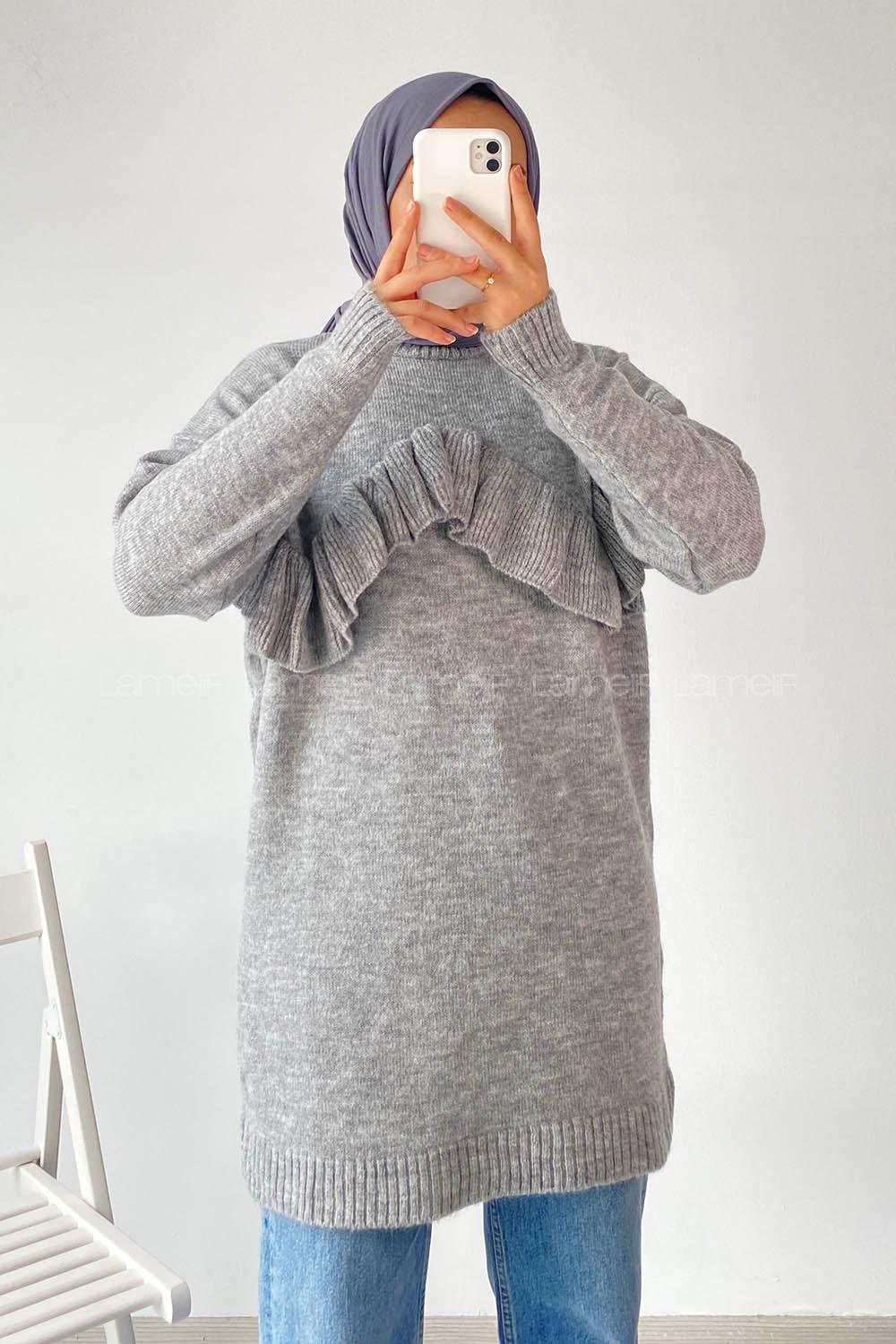 Modalamelif Önü Fırfır Detaylı Yumoş Triko Tunik Gri