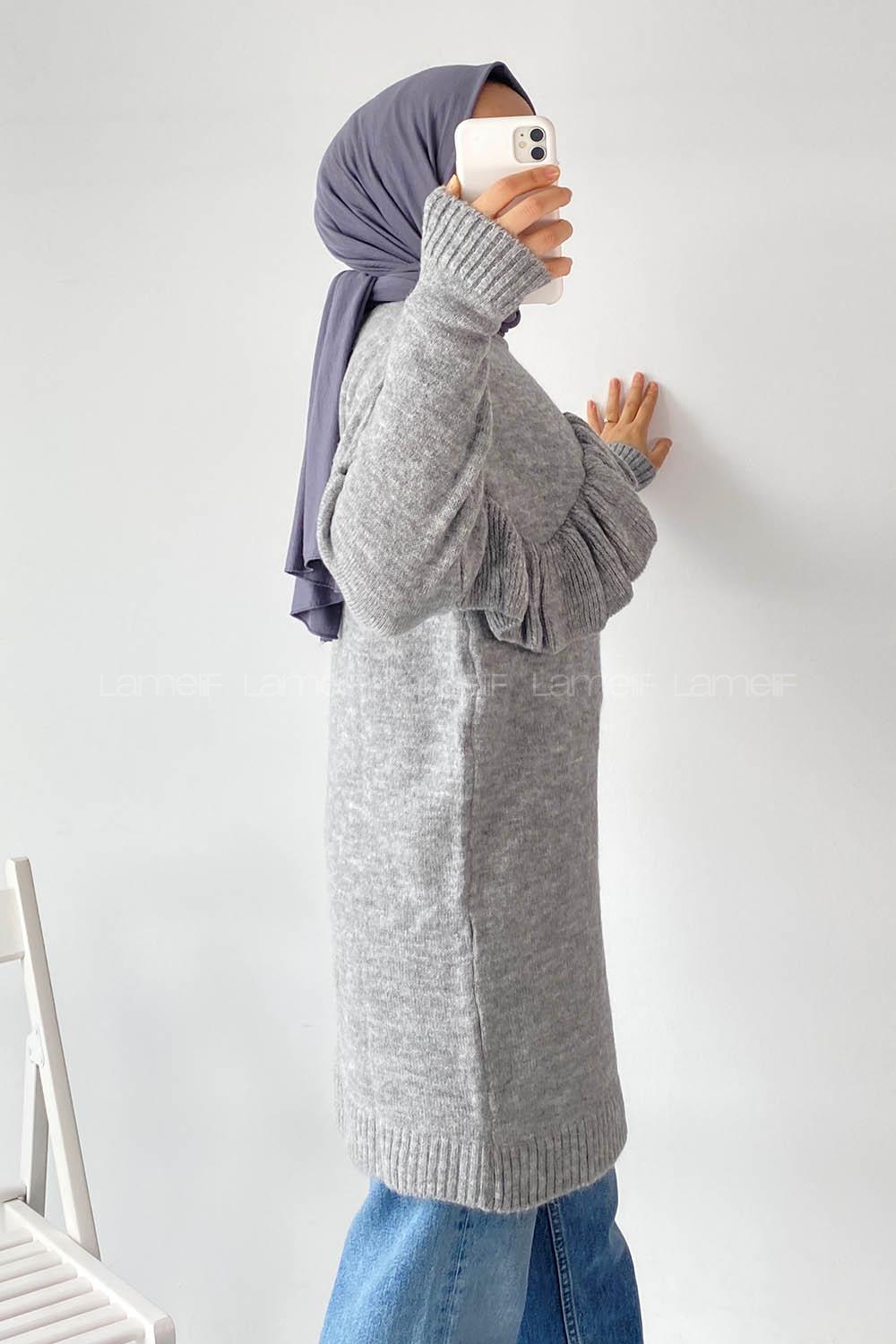 Modalamelif Önü Fırfır Detaylı Yumoş Triko Tunik Gri