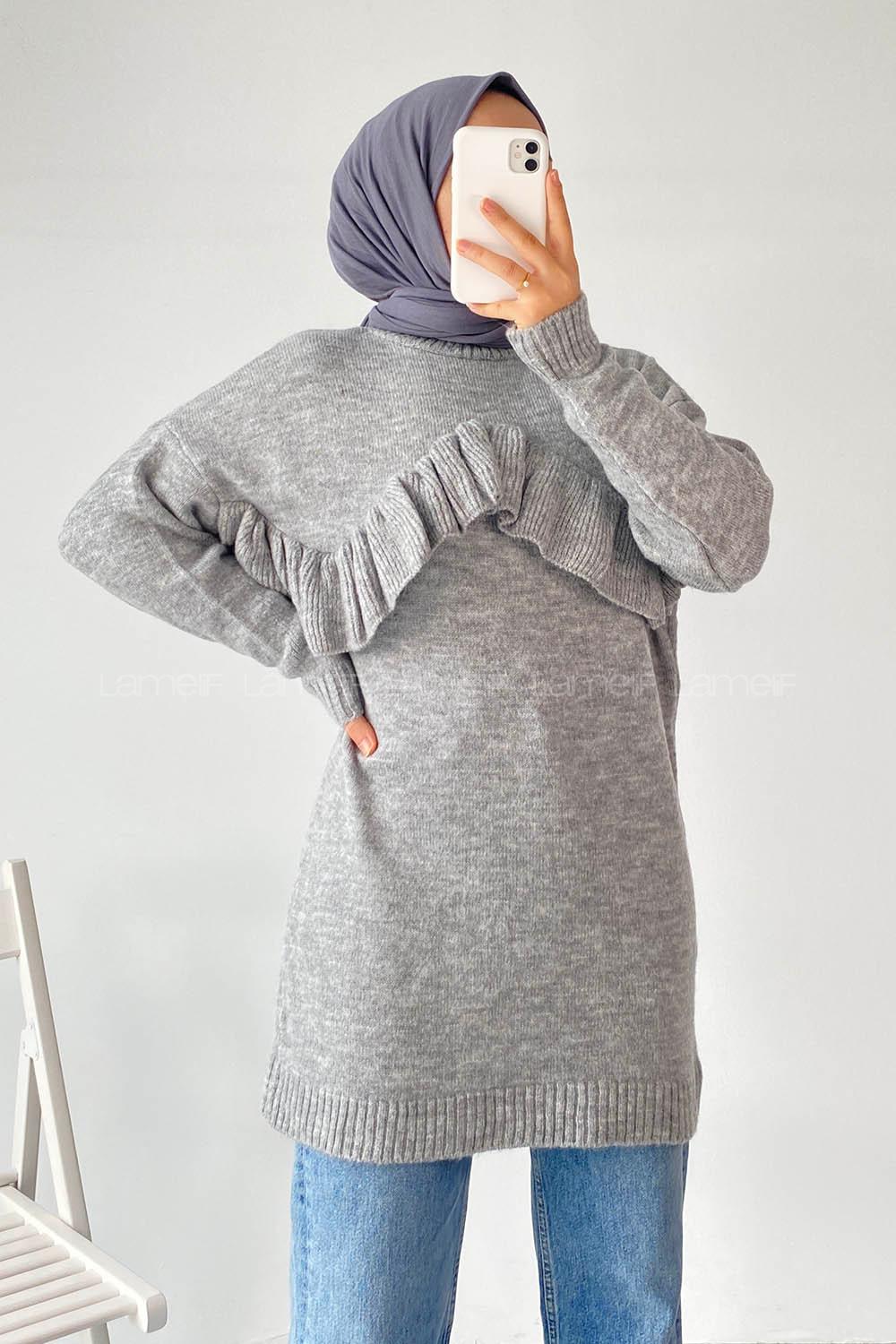 Modalamelif Önü Fırfır Detaylı Yumoş Triko Tunik Gri