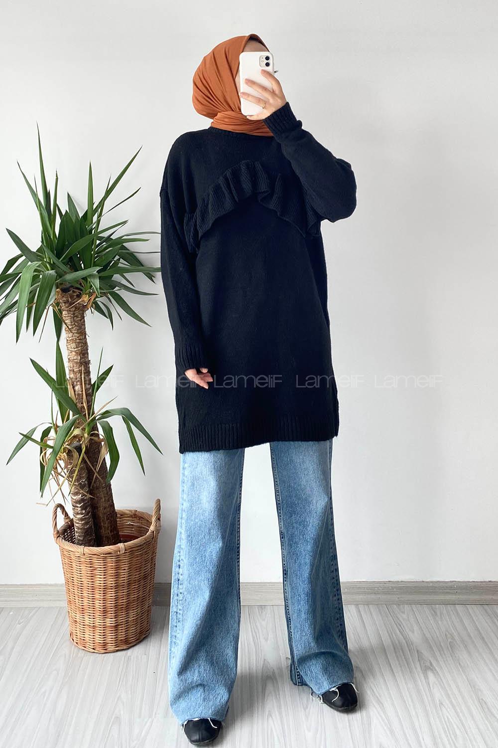 Modalamelif Önü Fırfır Detaylı Yumoş Triko Tunik Siyah