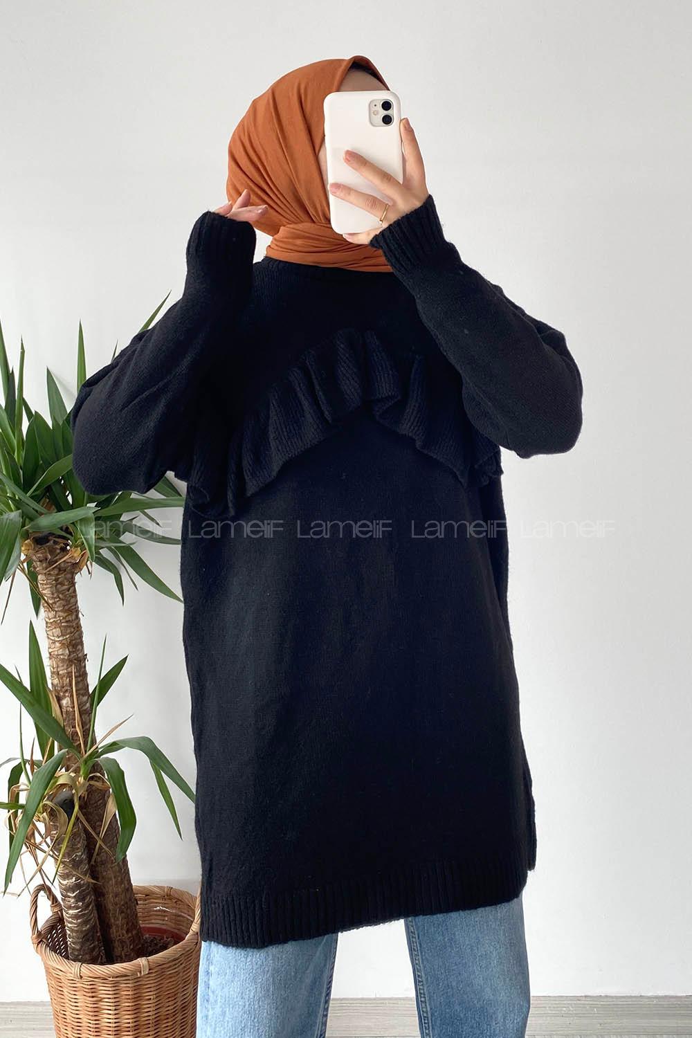 Modalamelif Önü Fırfır Detaylı Yumoş Triko Tunik Siyah