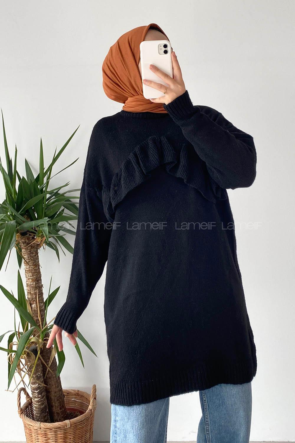 Modalamelif Önü Fırfır Detaylı Yumoş Triko Tunik Siyah