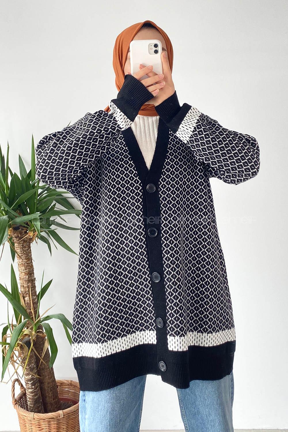 Modalamelif V Yaka Önü Düğmeli Mini Kare Desenli Hırka Siyah