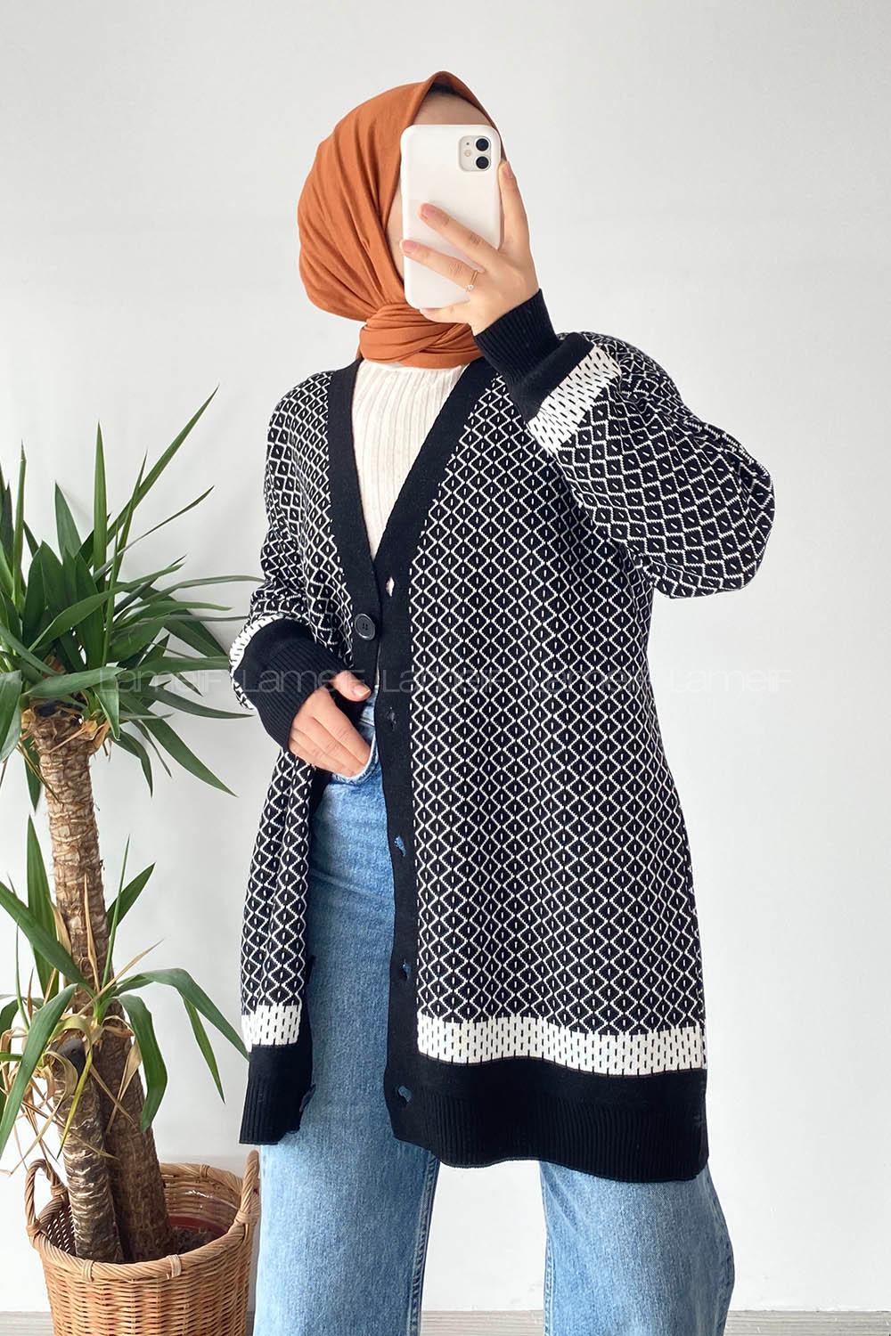 Modalamelif V Yaka Önü Düğmeli Mini Kare Desenli Hırka Siyah