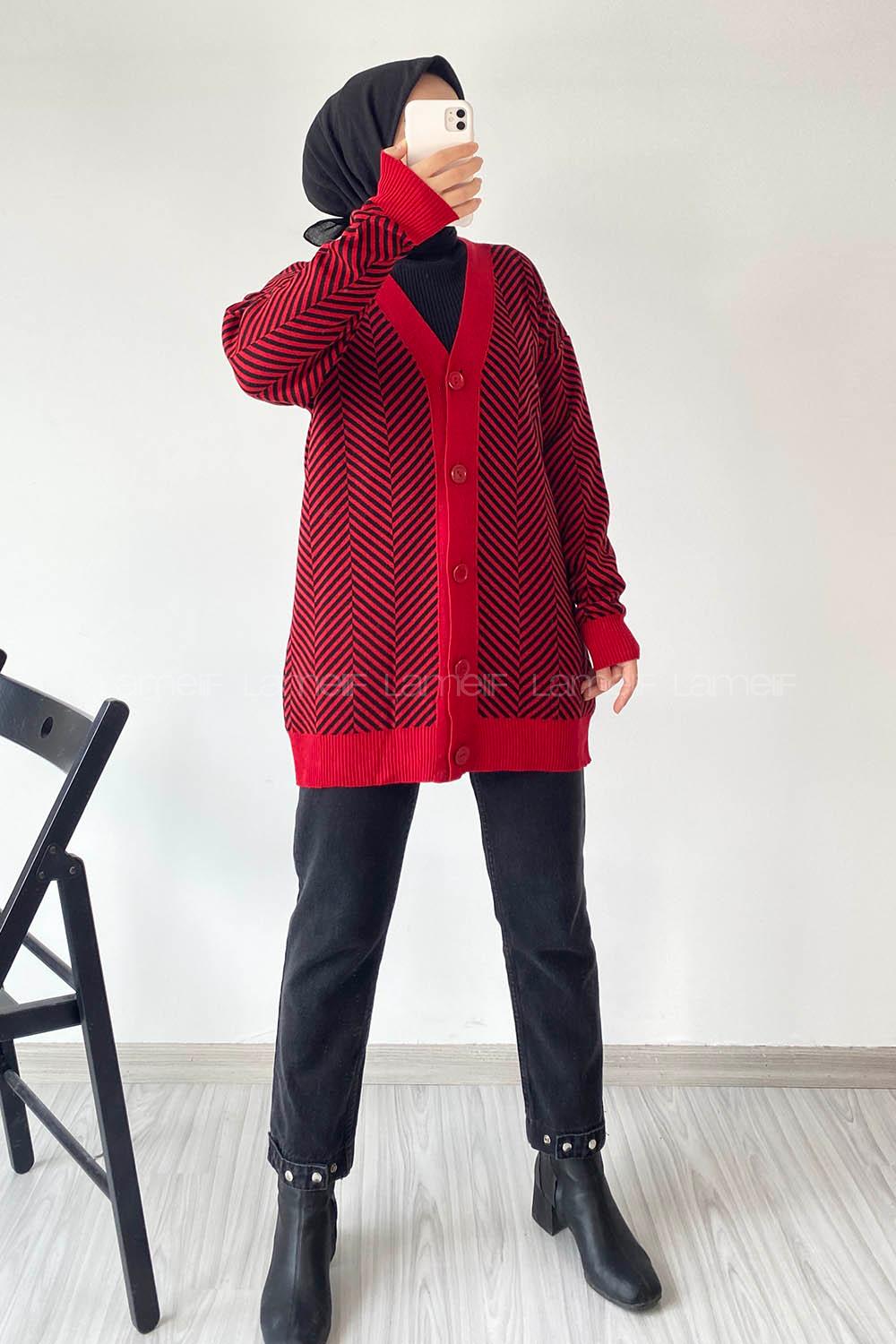 Modalamelif V Yaka Önü Düğmeli Şerit Desenli Hırka Kırmızı