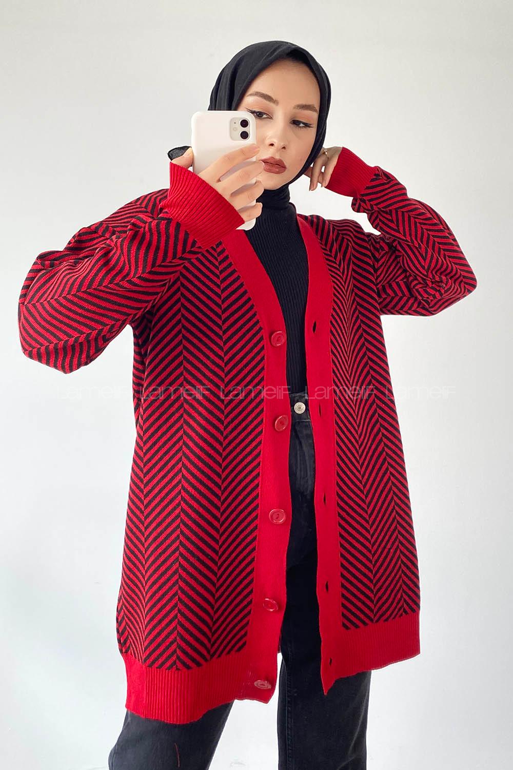 Modalamelif V Yaka Önü Düğmeli Şerit Desenli Hırka Kırmızı