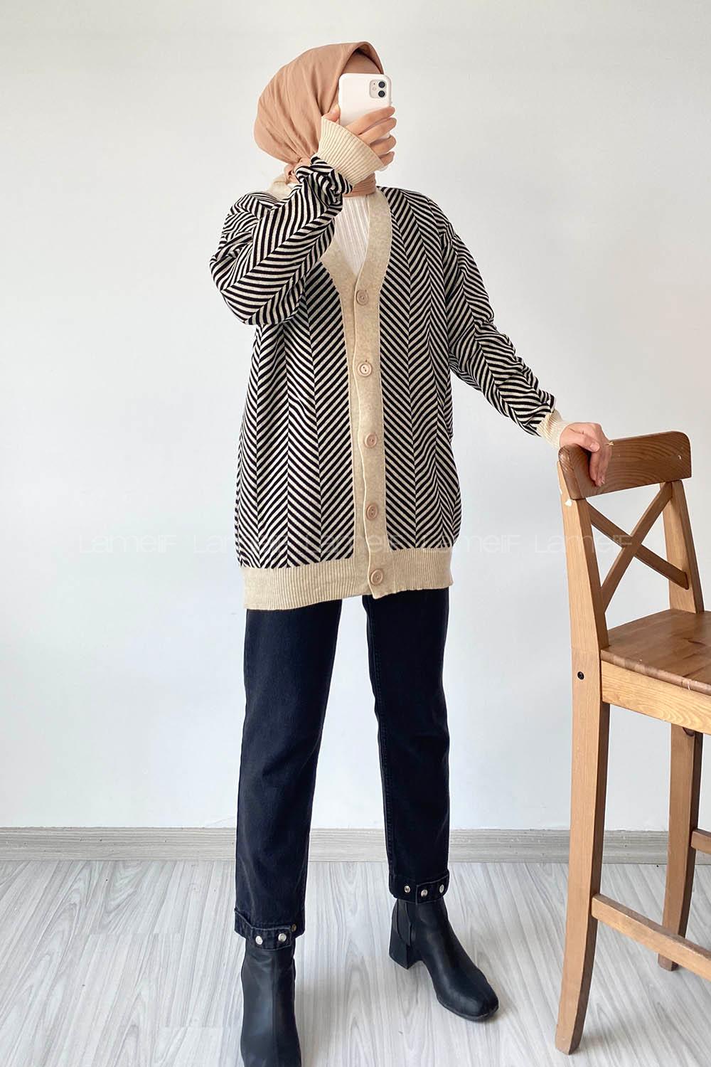 Modalamelif V Yaka Önü Düğmeli Şerit Desenli Hırka Sütlükahve