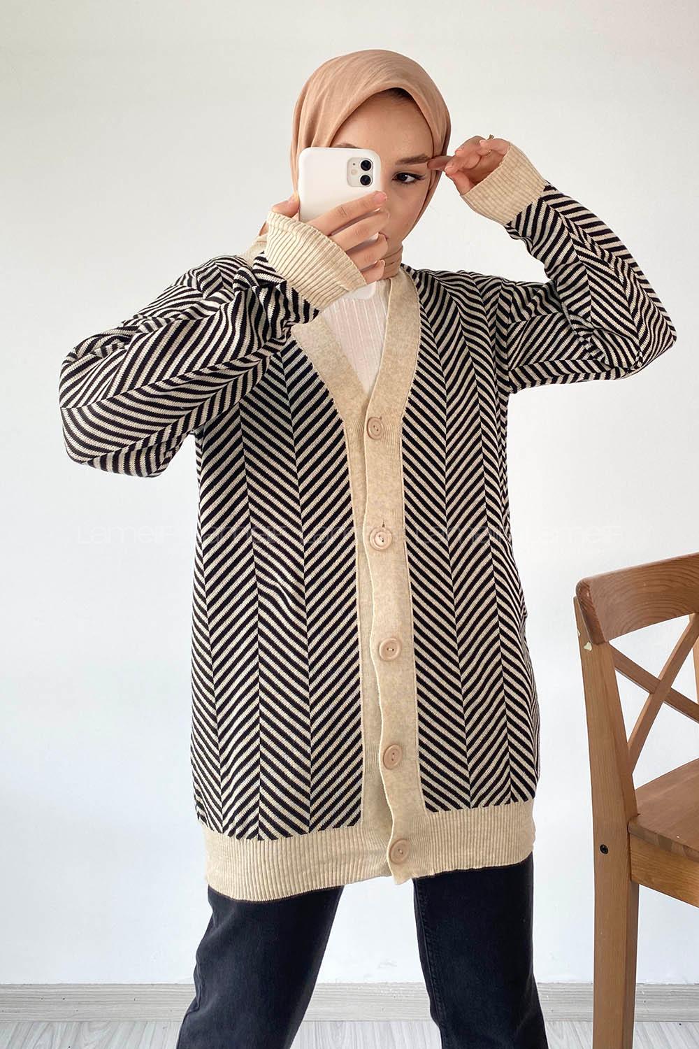 Modalamelif V Yaka Önü Düğmeli Şerit Desenli Hırka Sütlükahve