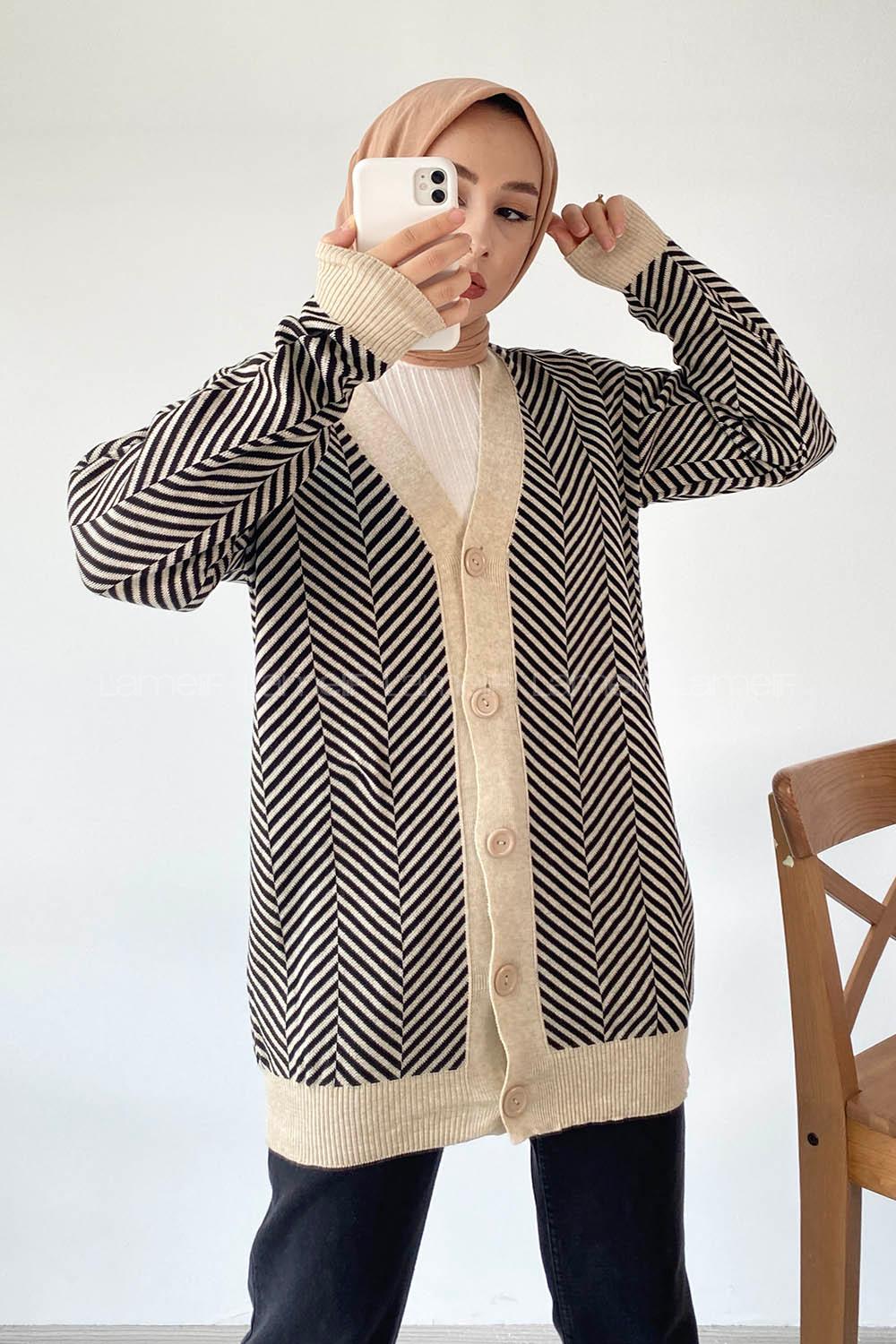 Modalamelif V Yaka Önü Düğmeli Şerit Desenli Hırka Sütlükahve