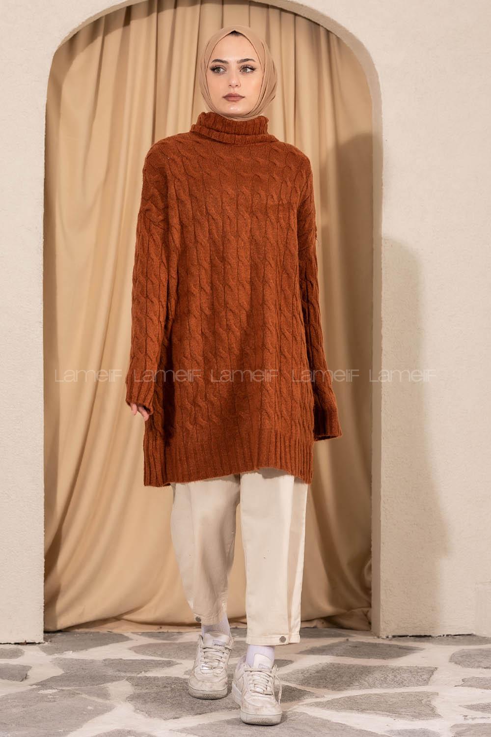 Modalamelif Balıkçı Yaka Örgü Desen Triko Tunik Kiremit