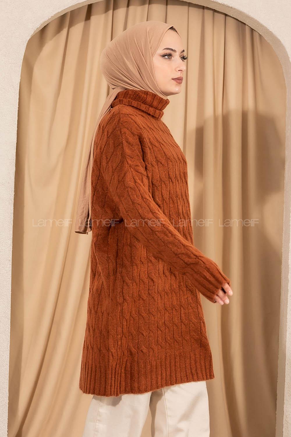 Modalamelif Balıkçı Yaka Örgü Desen Triko Tunik Kiremit