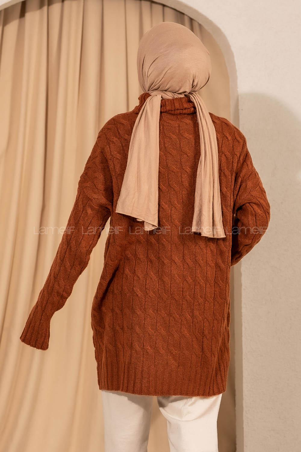 Modalamelif Balıkçı Yaka Örgü Desen Triko Tunik Kiremit