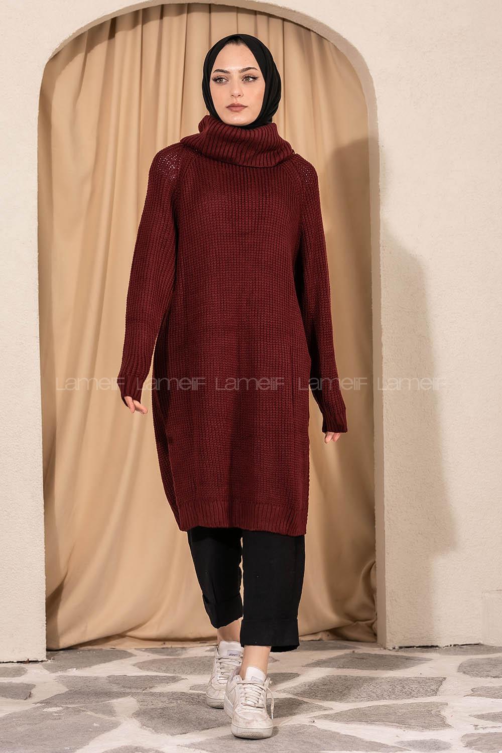 Modalamelif  Boğazlı Yırtmaç Detaylı Salaş Triko Tunik Bordo