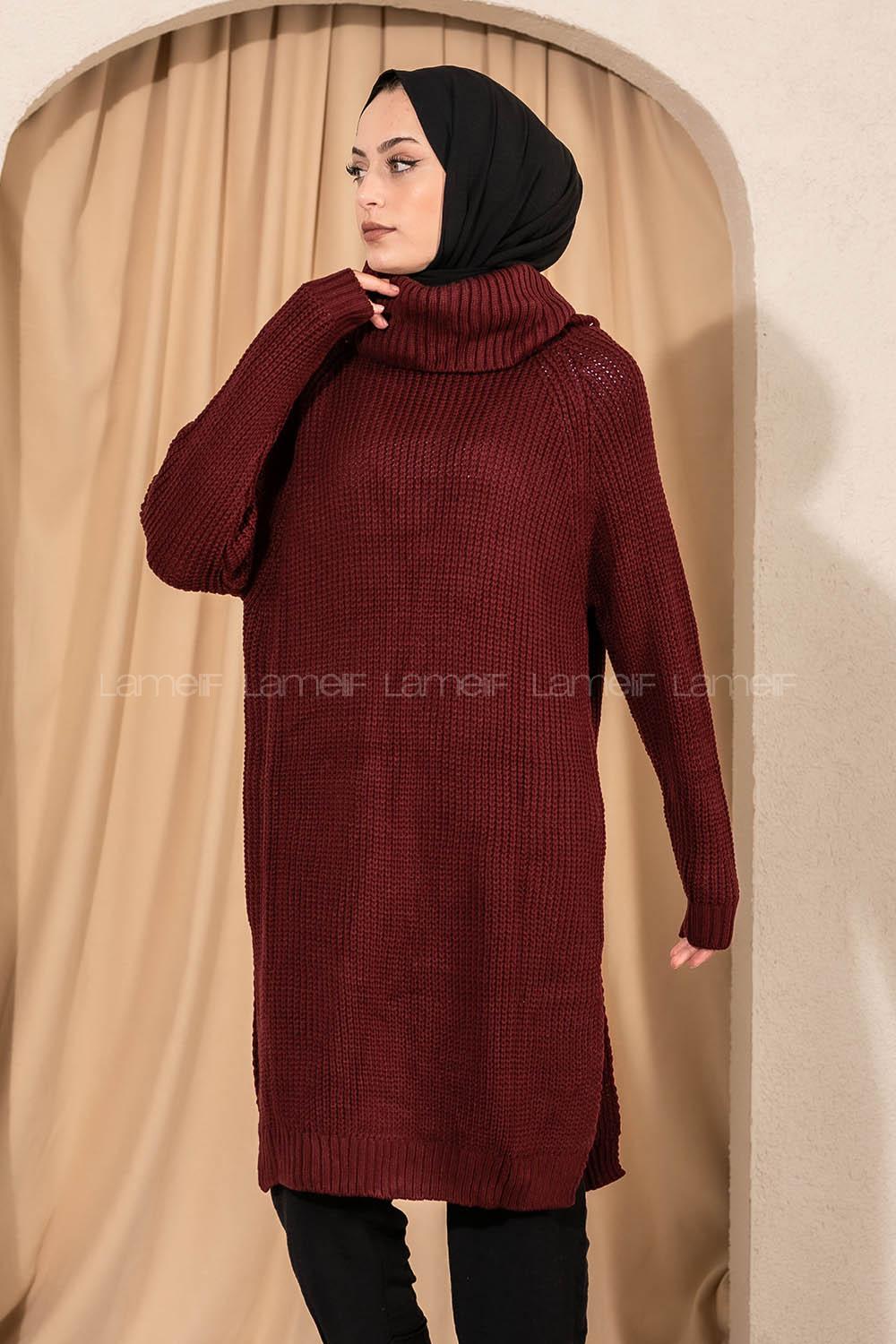 Modalamelif  Boğazlı Yırtmaç Detaylı Salaş Triko Tunik Bordo