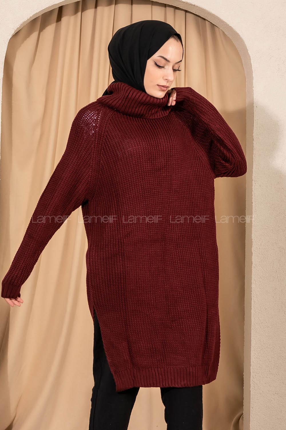 Modalamelif  Boğazlı Yırtmaç Detaylı Salaş Triko Tunik Bordo